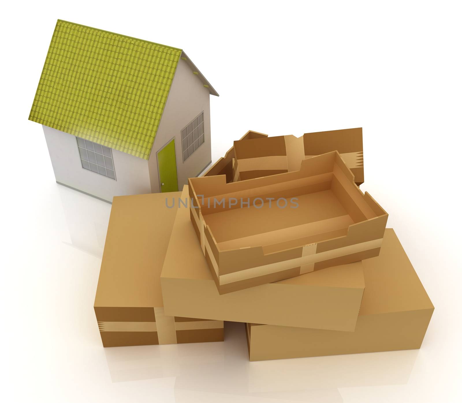 Cardboard boxes and house on a white background