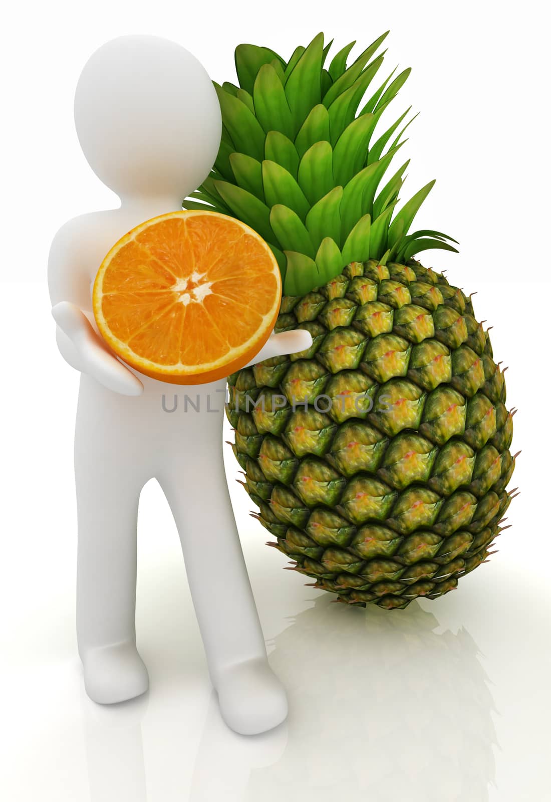 3d man with citrus on a white background