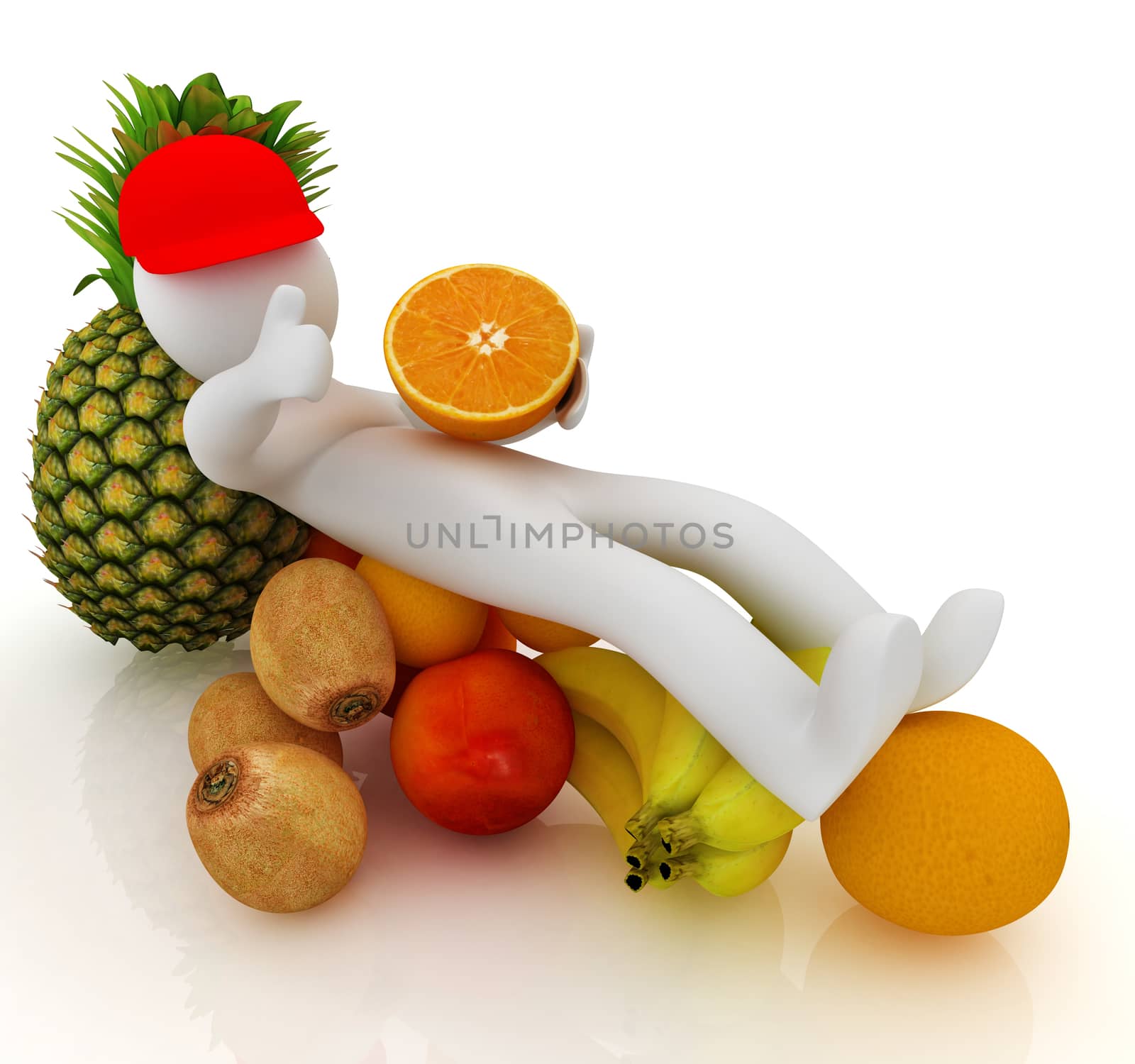 3d man with citrus on a white background