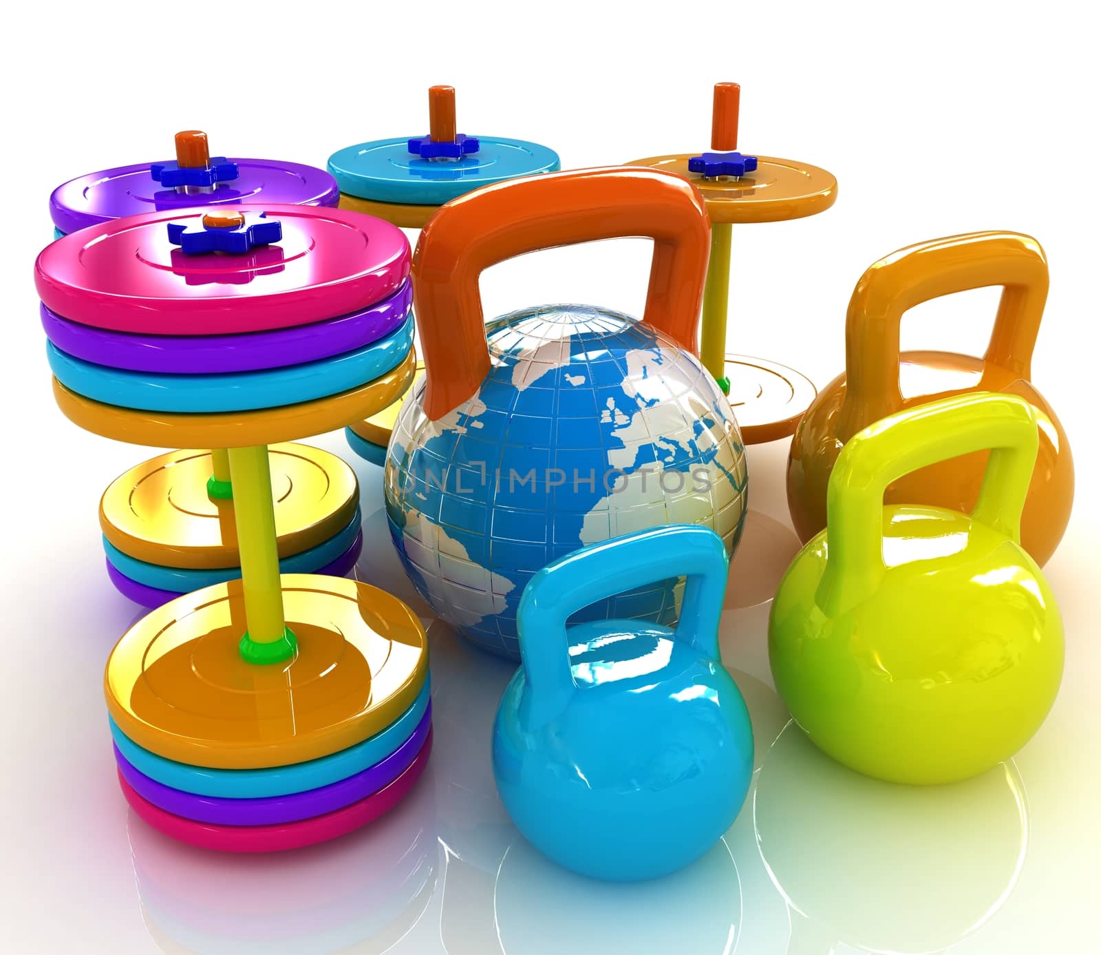 Colorful weights and dumbbells and earth. Global on a white background