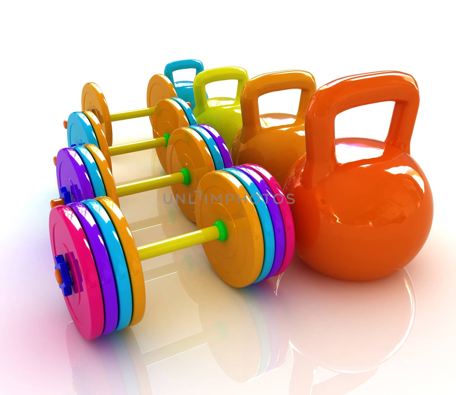 Colorful weights and dumbbells on a white background