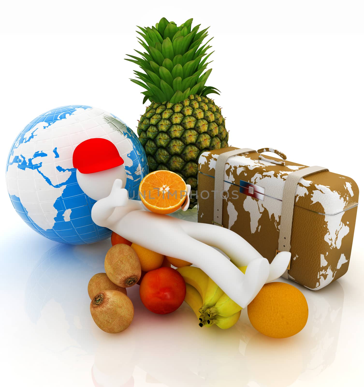 3d man with citrus,earth and traveler's suitcase  by Guru3D