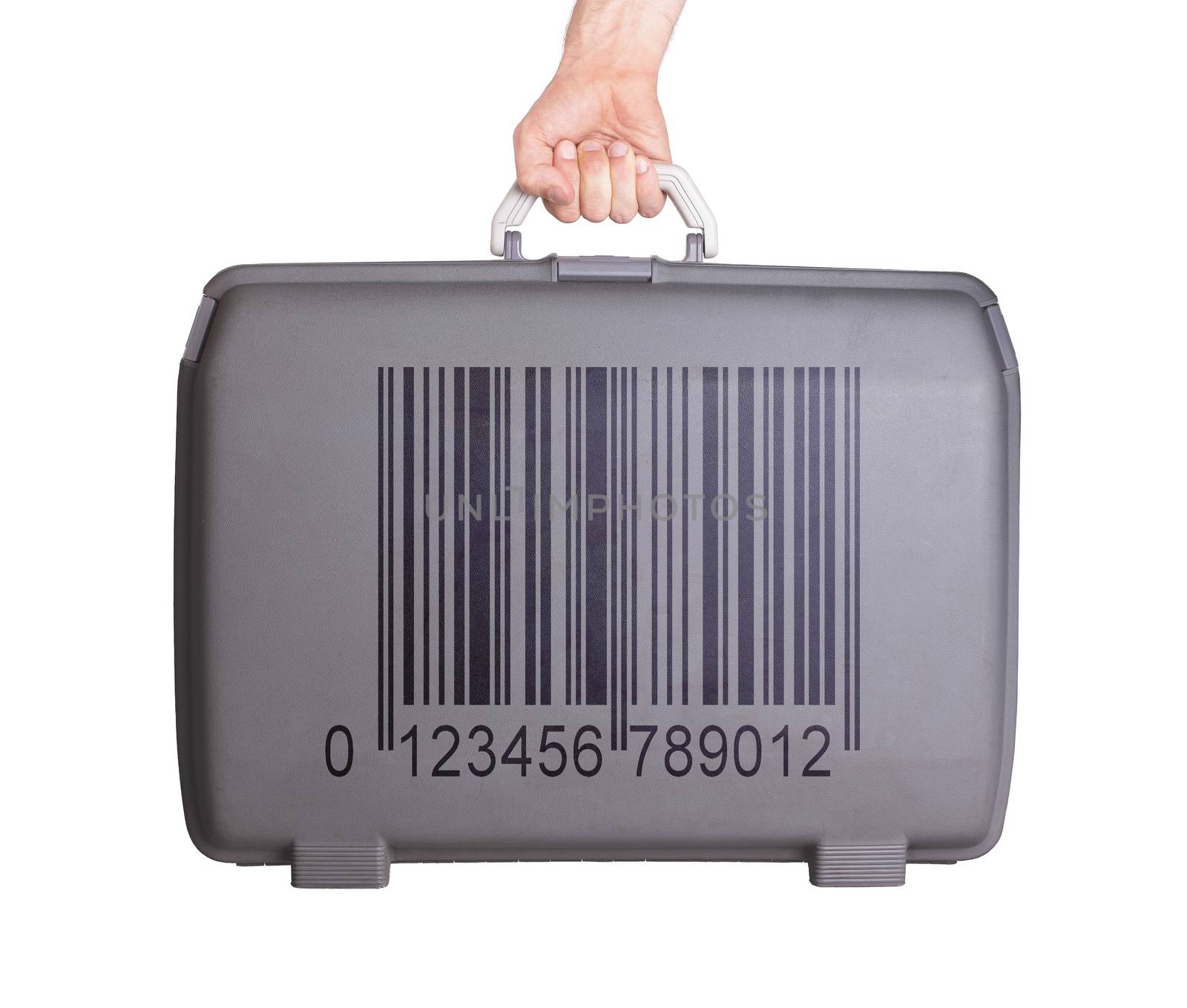 Used plastic suitcase with stains and scratches, printed with sign, barcode