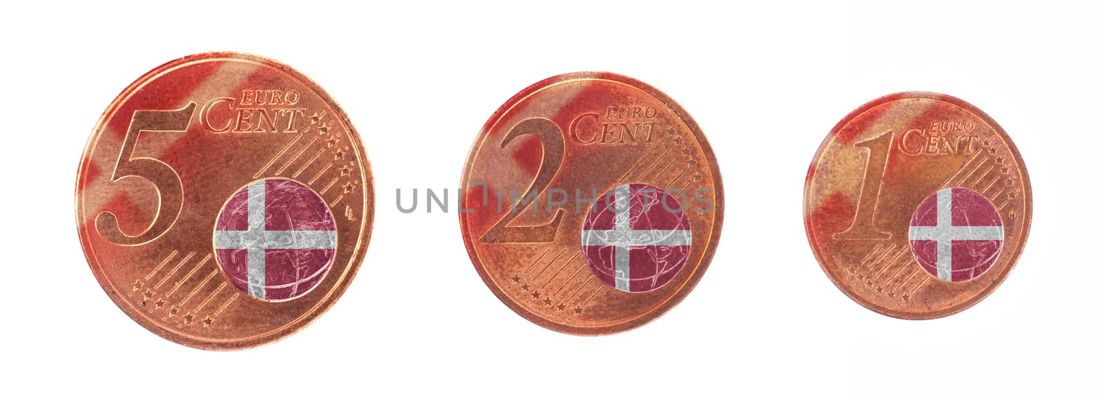 European union concept - 1, 2 and 5 eurocent, flag of Denmark