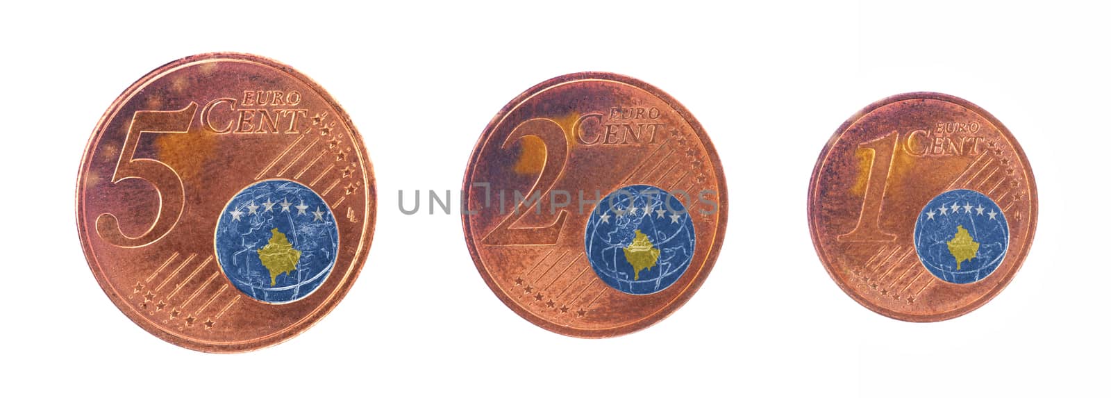 European union concept - 1, 2 and 5 eurocent, flag of Kosovo