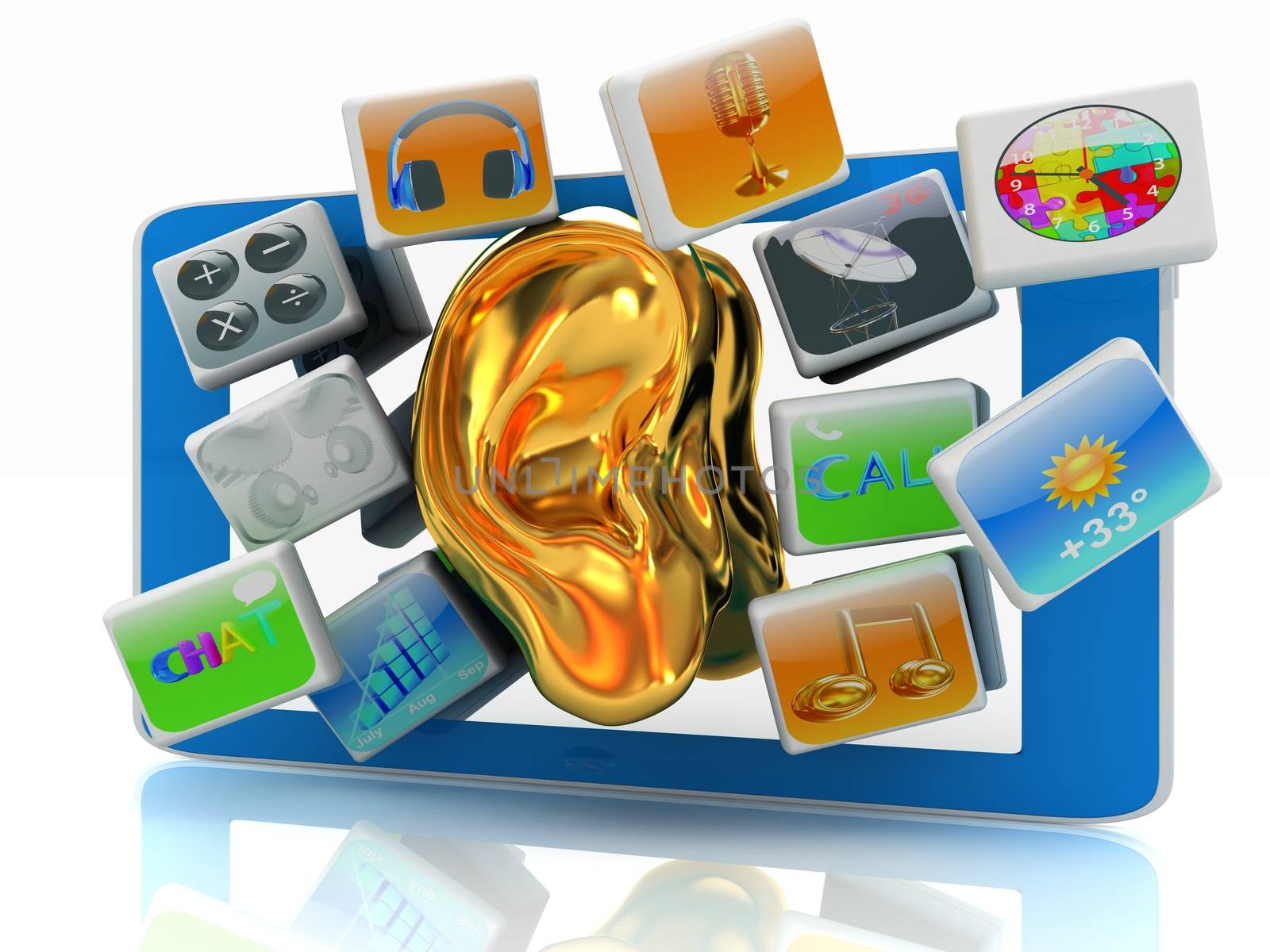 Ear gold on tablet pc with cloud of media application Icons on a white background
