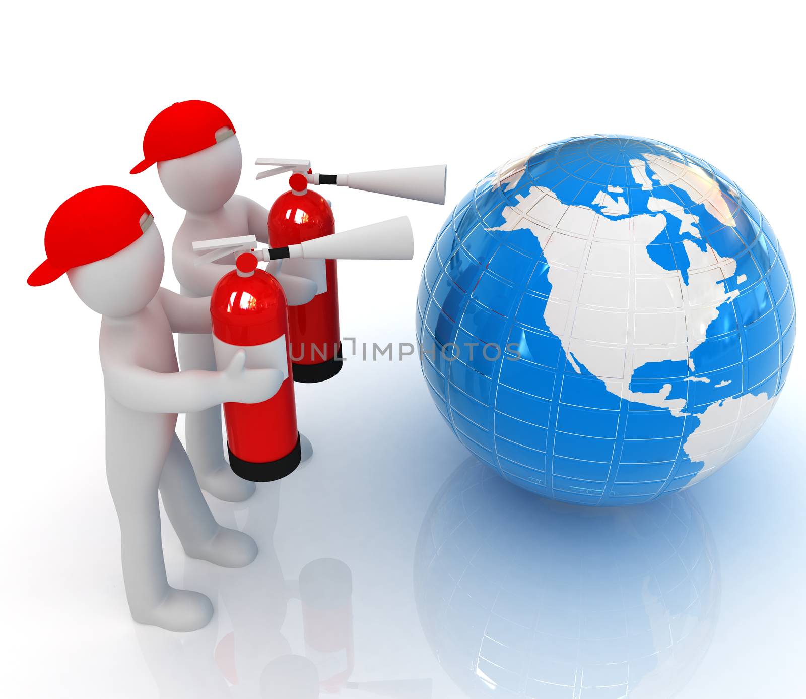 3d mans with red fire extinguisher extinguish earth on a white background