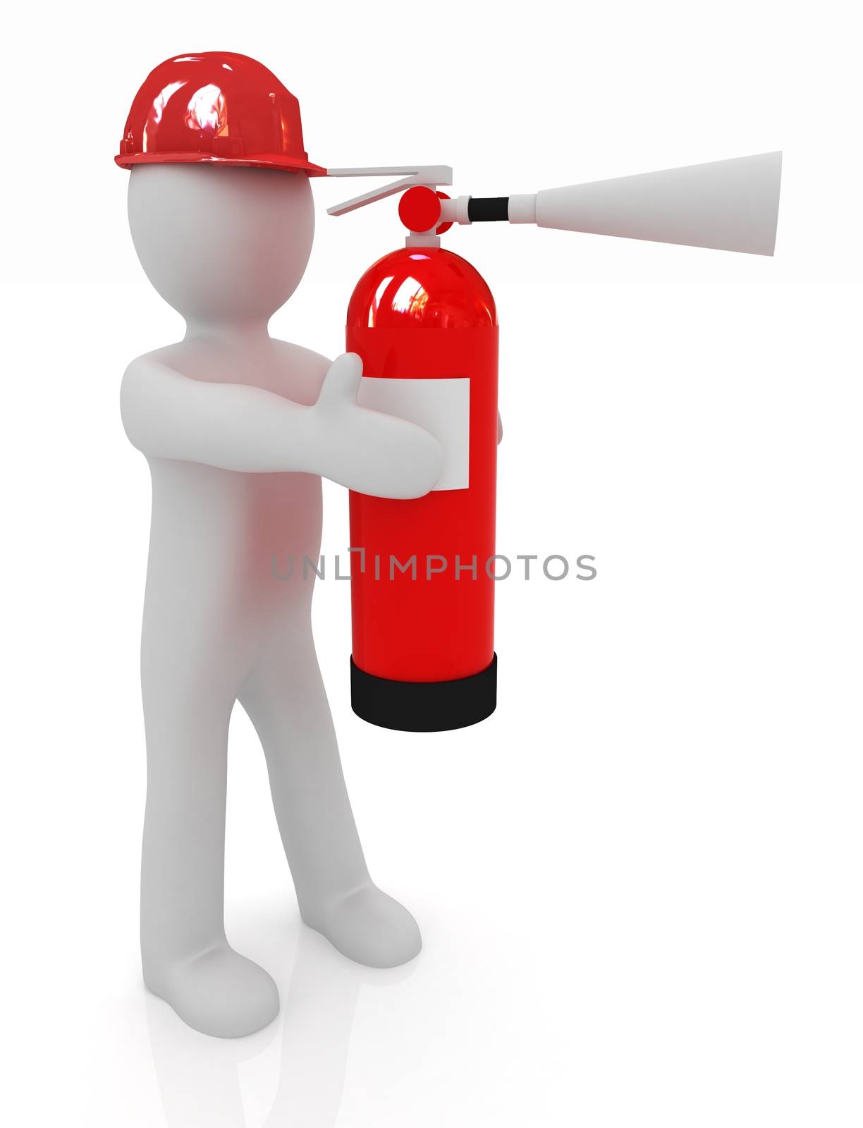 3d man in hardhat with red fire extinguisher on a white background