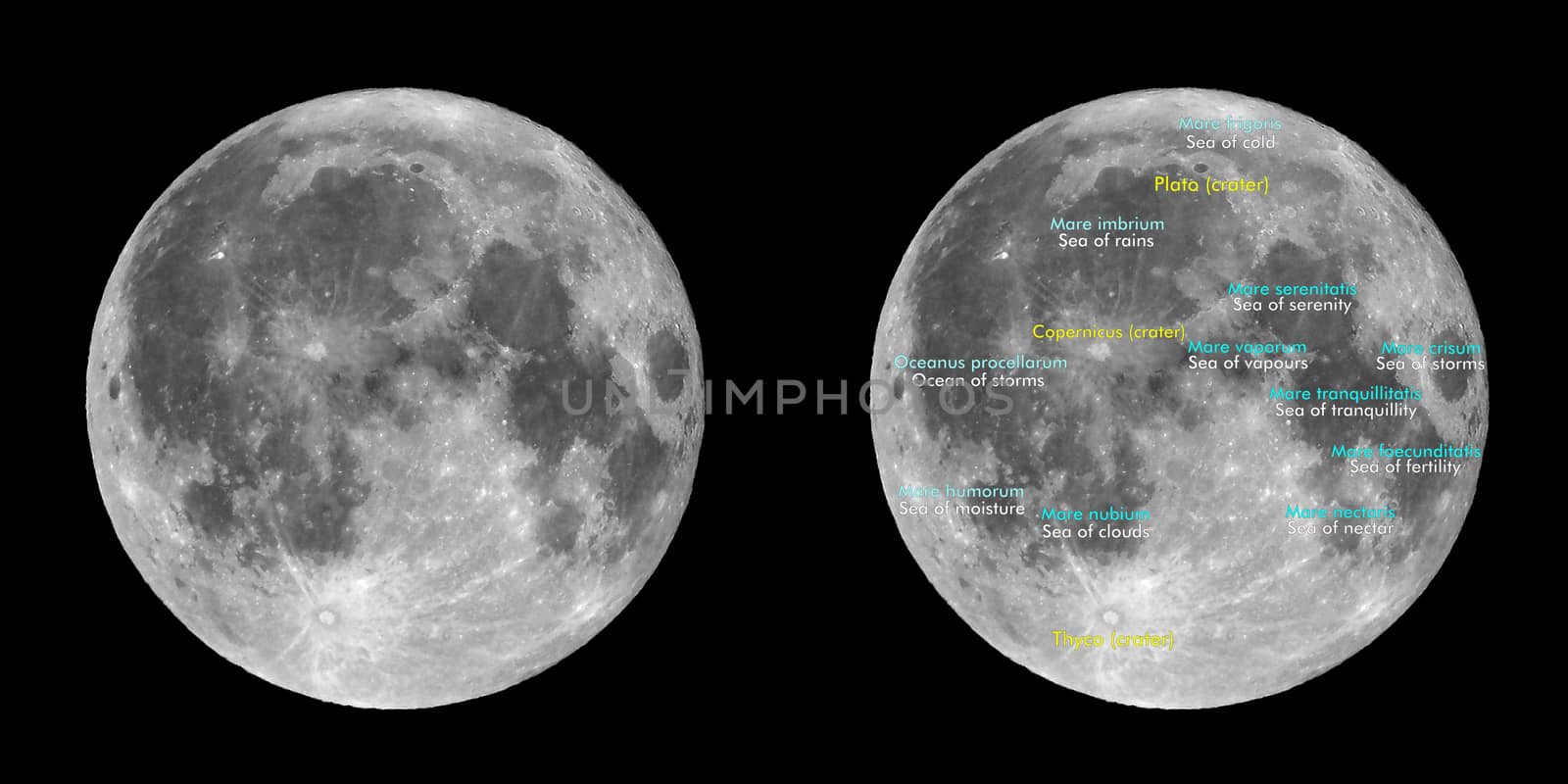 Moon atlas with seas and craters labels - Latin and English names