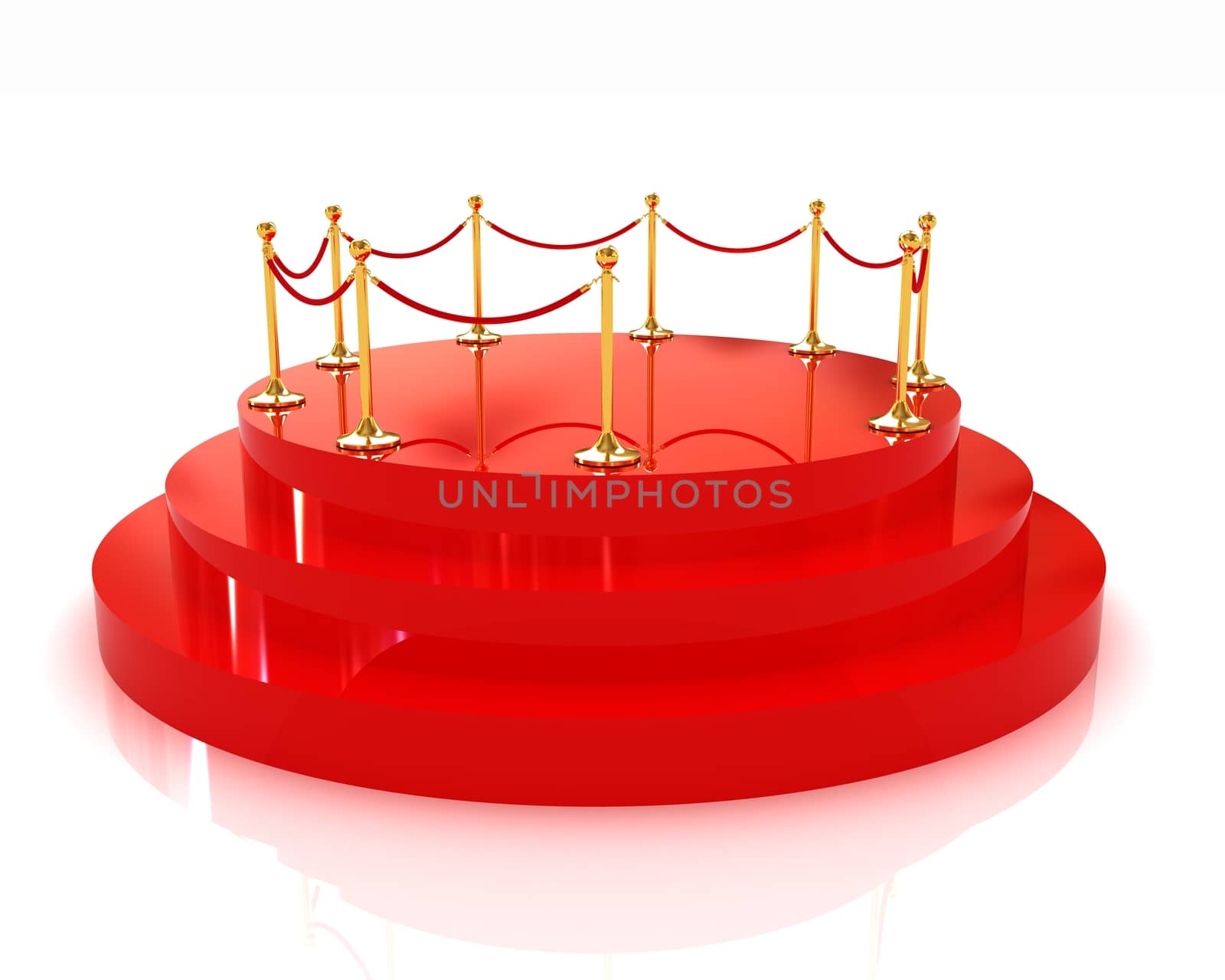 3D glossy podium with gold handrail on a white background