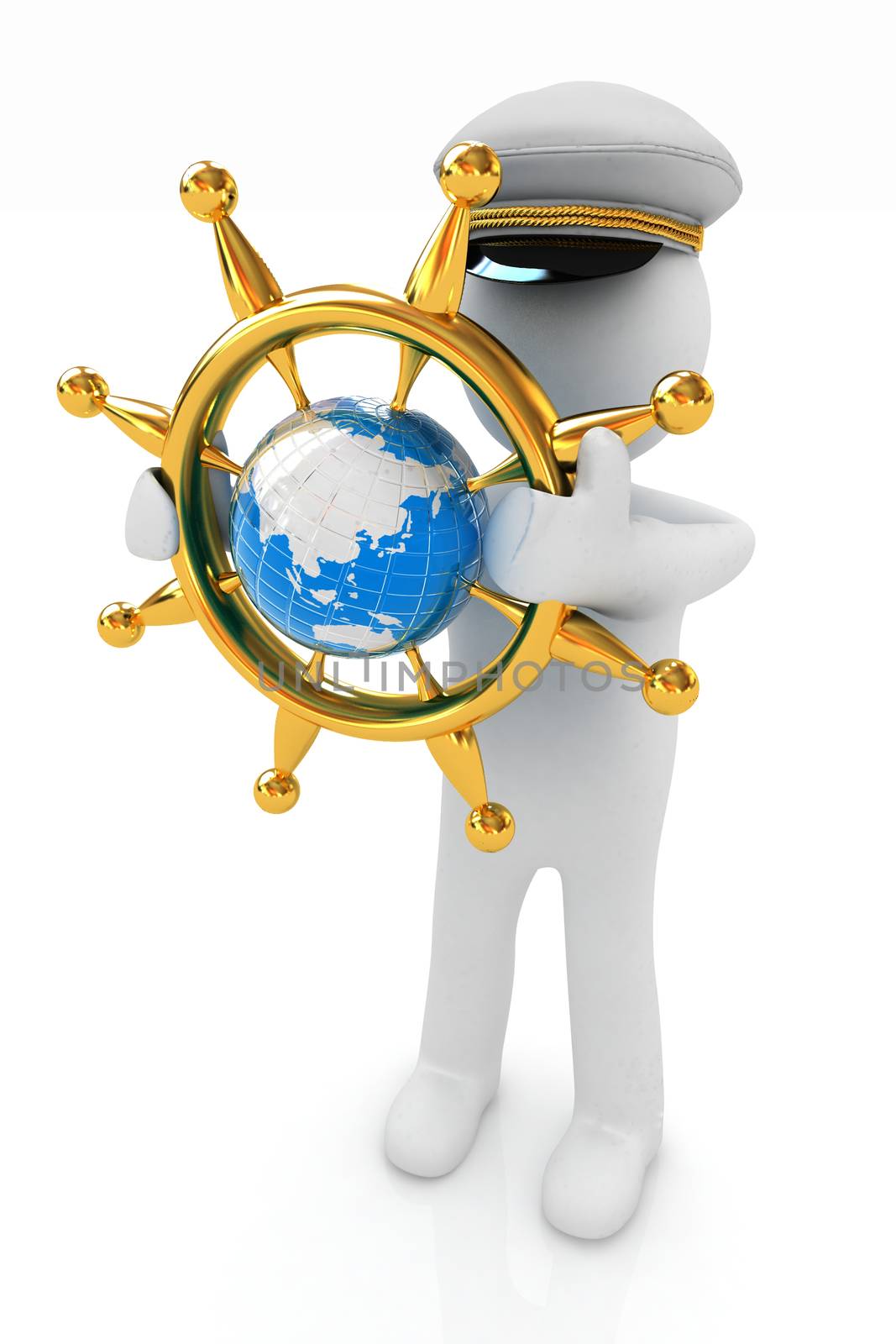 Sailor with gold steering wheel and earth. Trip around the world concept on a white background