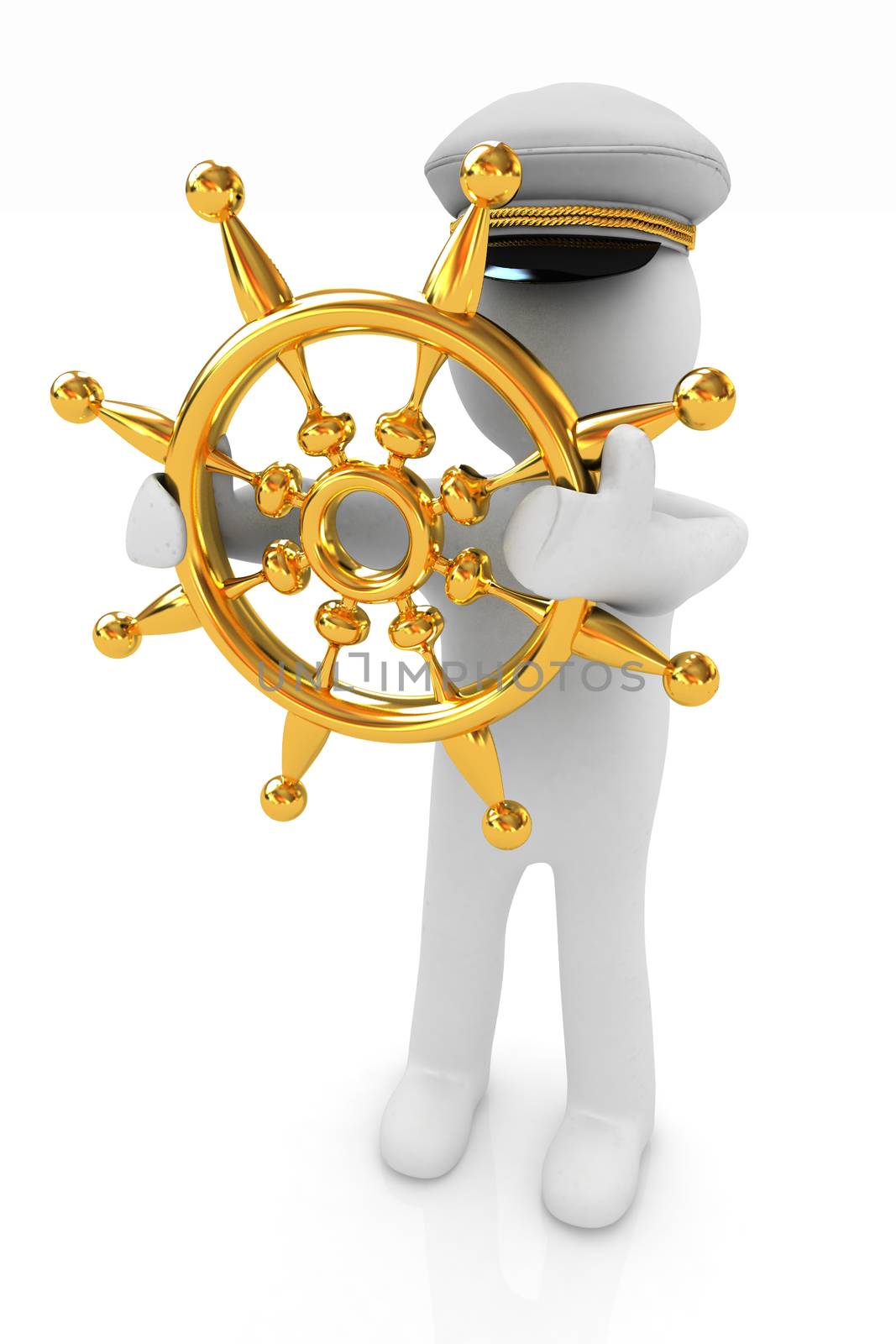 Sailor with gold steering wheel and earth. Trip around the world concept on a white background