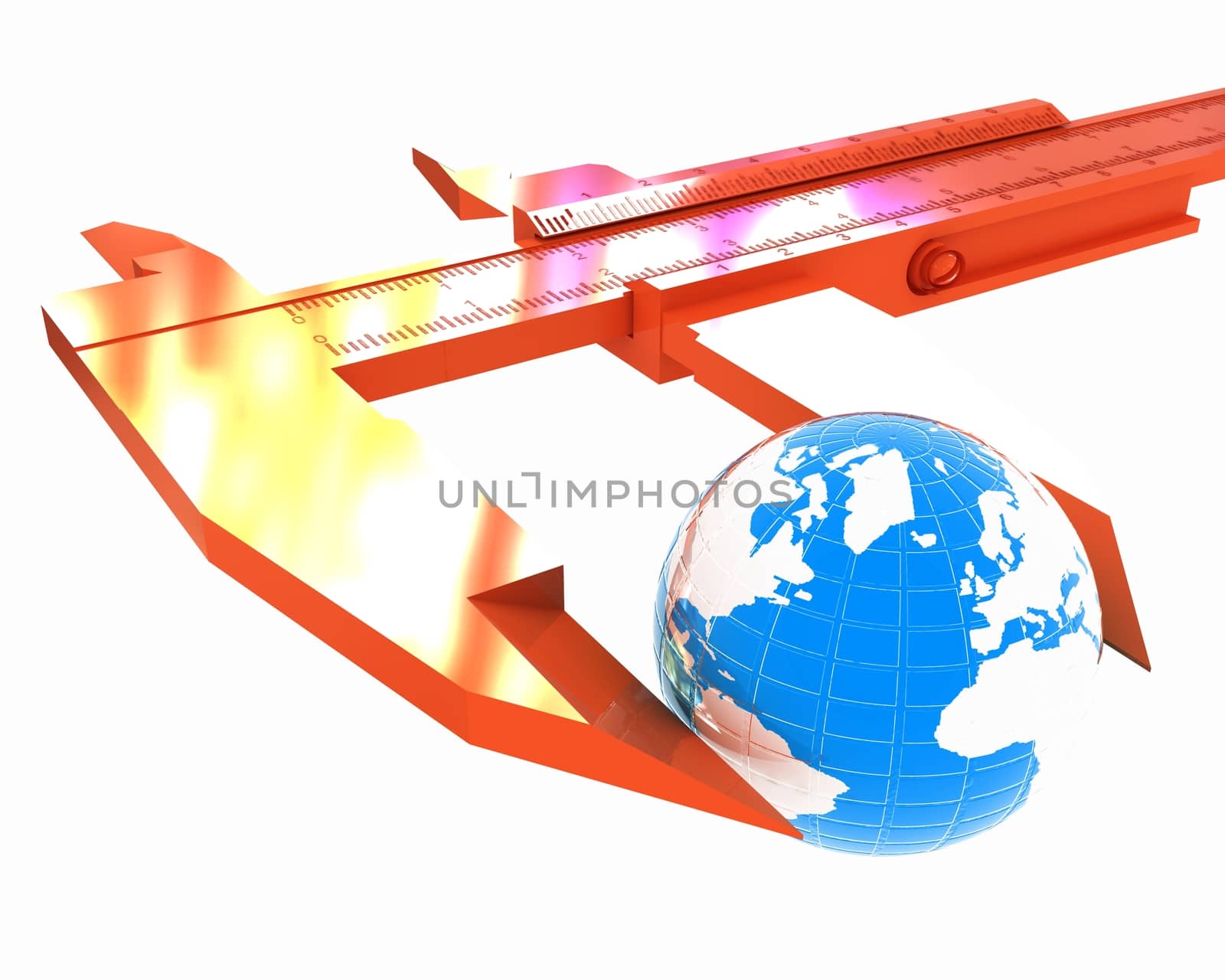 Vernier caliper measures the Earth. Global 3d concept on a white background