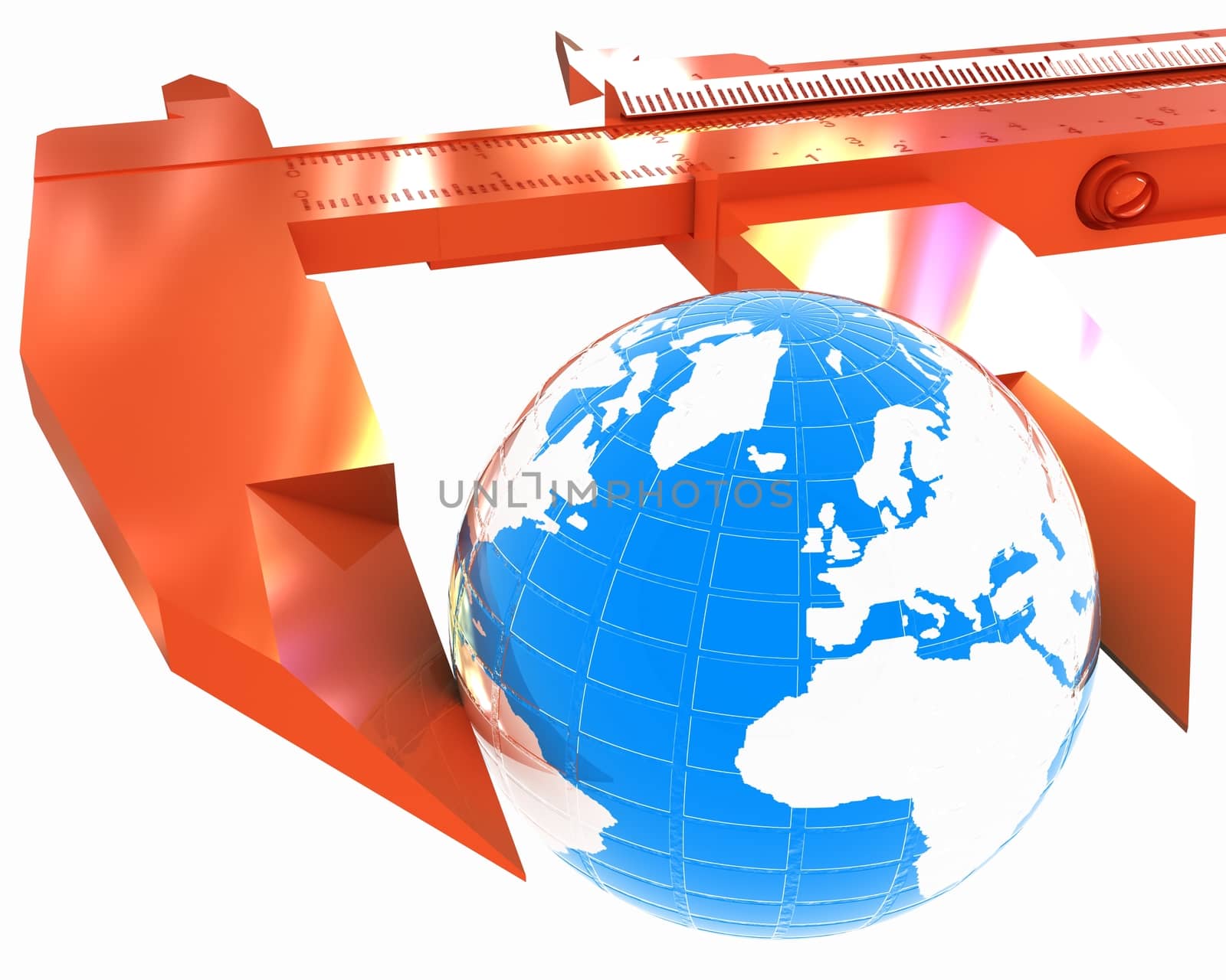 Vernier caliper measures the Earth. Global 3d concept on a white background