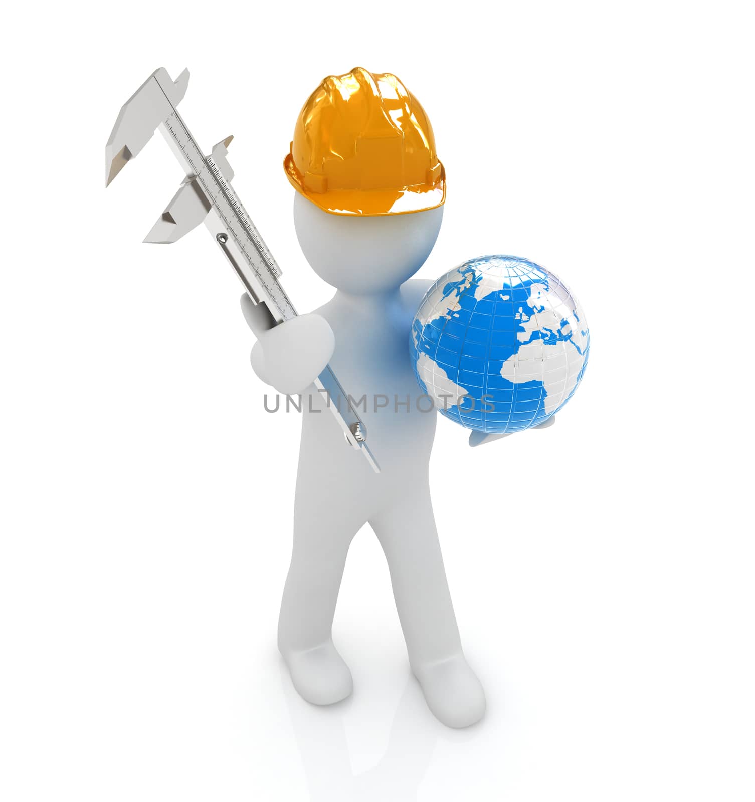 3d man engineer in hard hat with vernier caliper and Earth on a white background