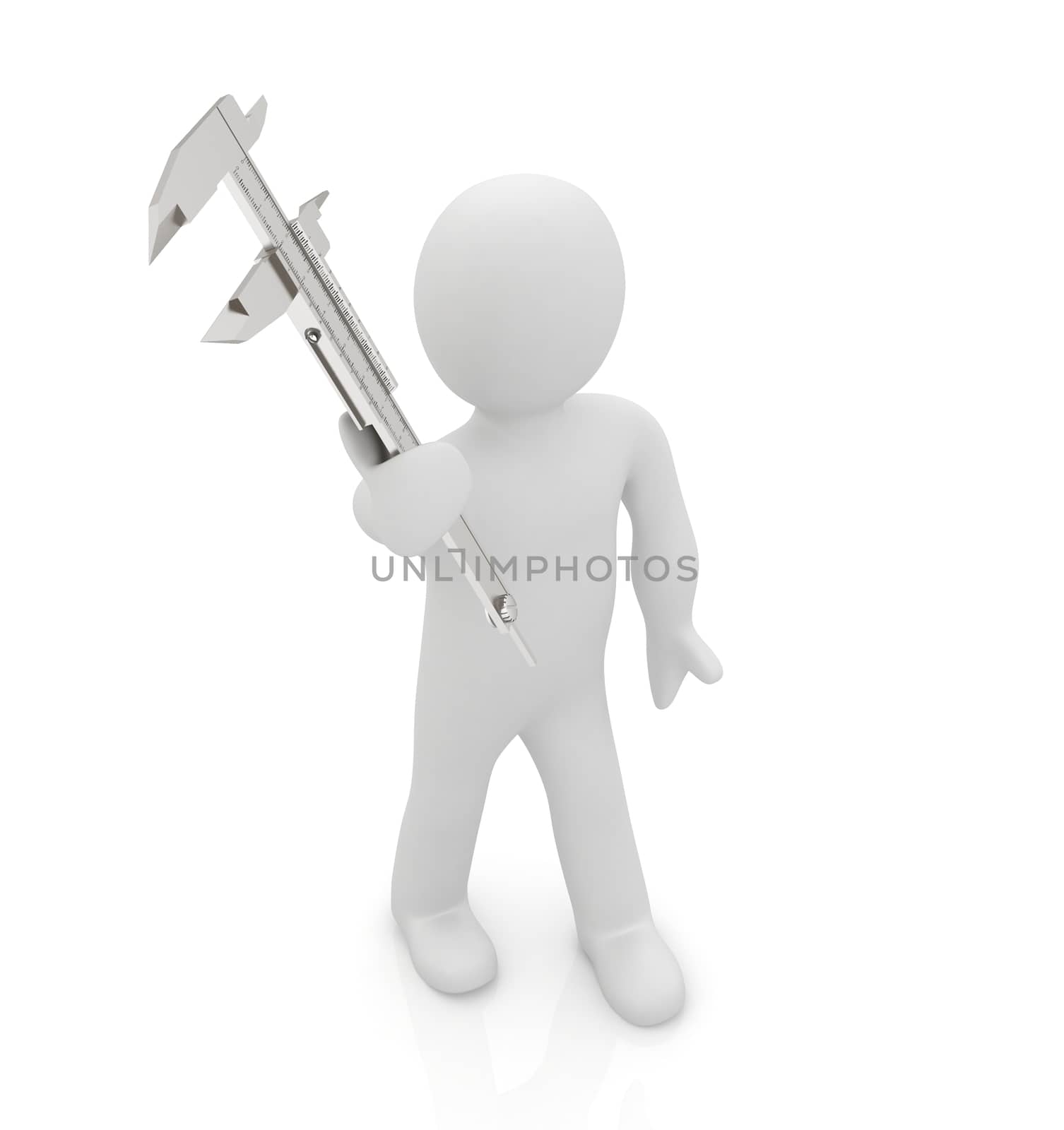 3d man with vernier caliper on a white background