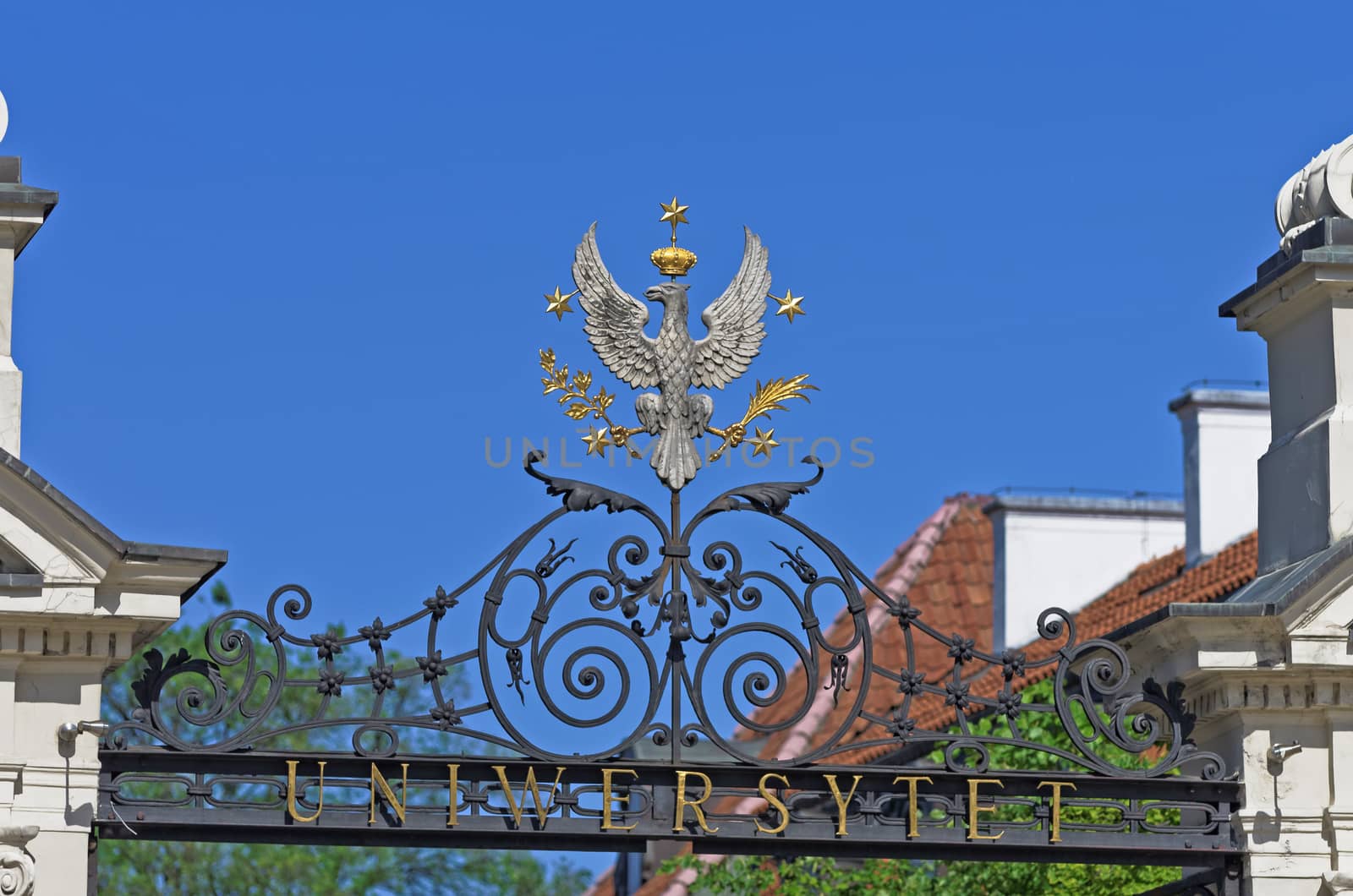Silver crowned eagle above  the old iron gate - by Stefan Szyller, 1911 - with laurel and palm leaves in its claws. The eagle is surrounded by five golden stars, which correspond to the number of faculties at the time of the University’s creation, Warsaw University, Poland.