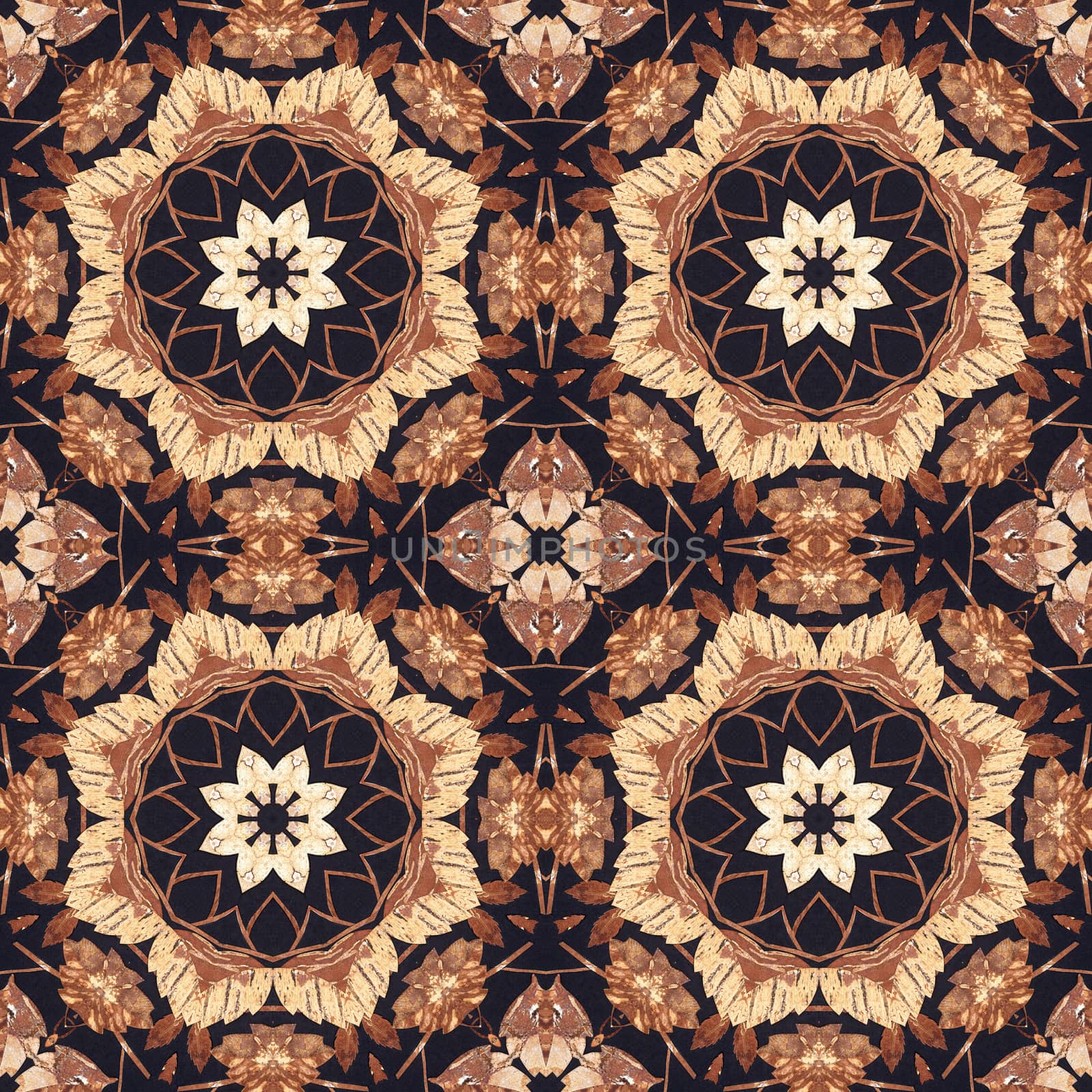 Abstract artistic pattern, seamless handmade floral ornament, applique from the back side of a birch bark on black fabric background