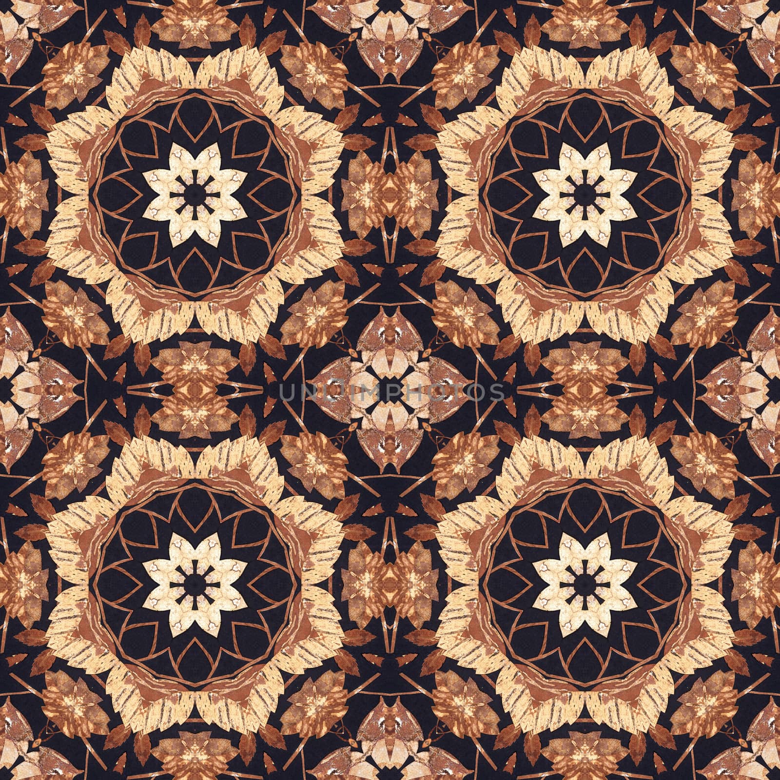 Abstract artistic pattern, seamless handmade floral ornament, applique from the back side of a birch bark on black fabric background