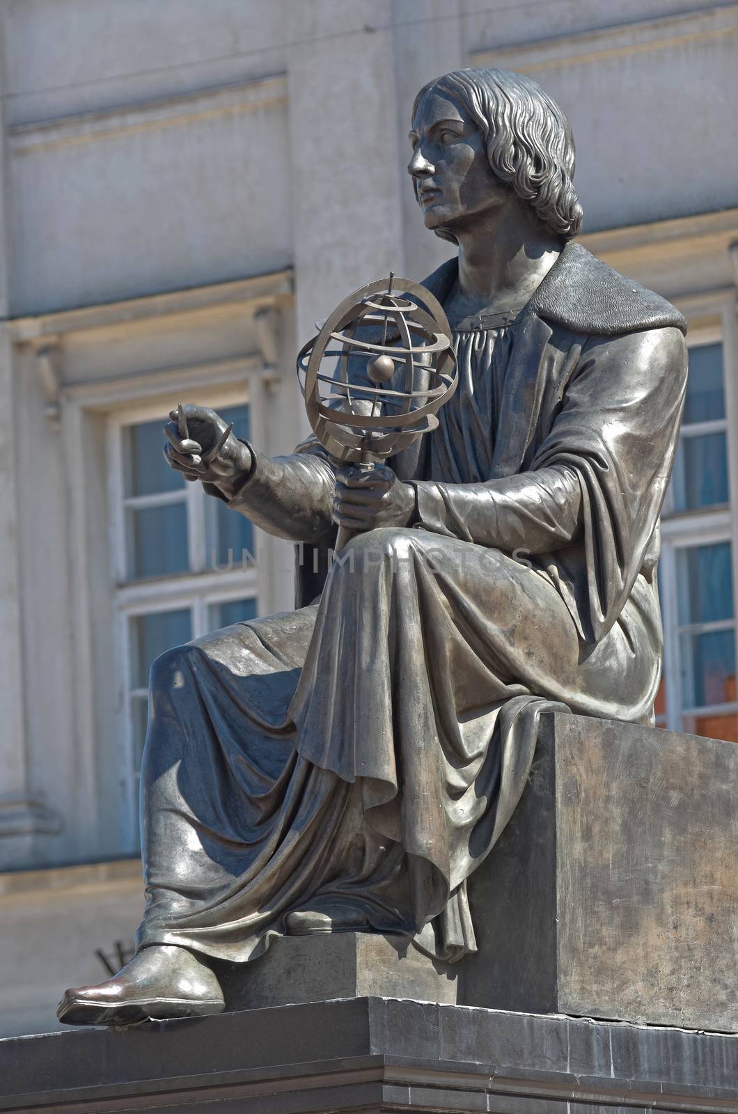 The bronze statue of astronomer Nicolas Copernicus - by Bertel Thorvaldsen, 1830 - in front of the Polish Academy of Sciences, Warsaw, Poland.