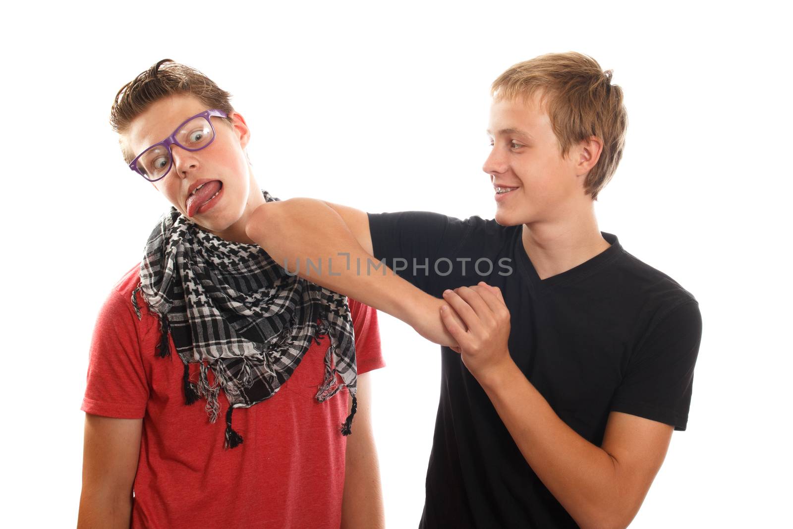 a teen boy bullying a hipster teen male