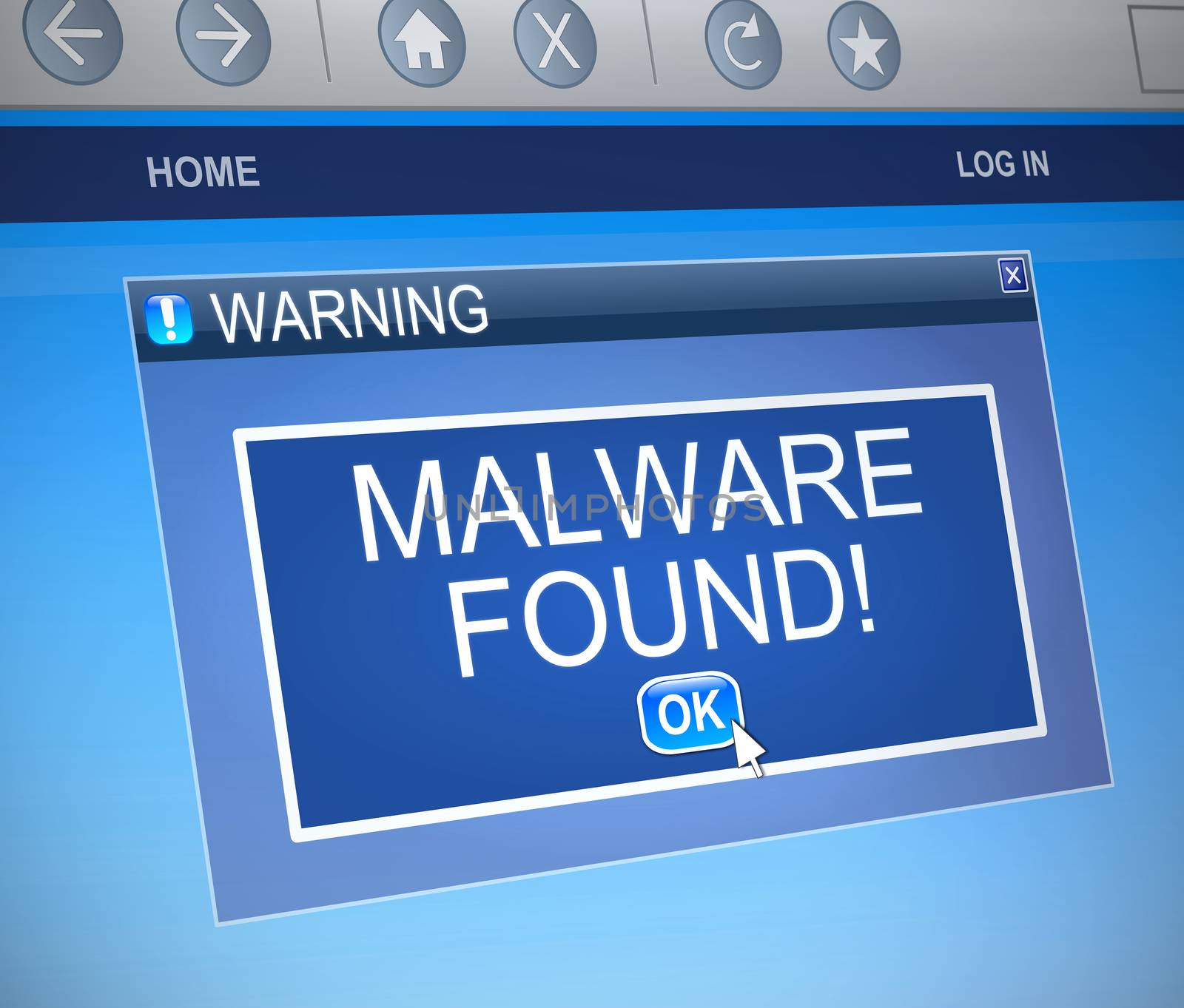 Illustration depicting a computer dialogue box with a malware concept.