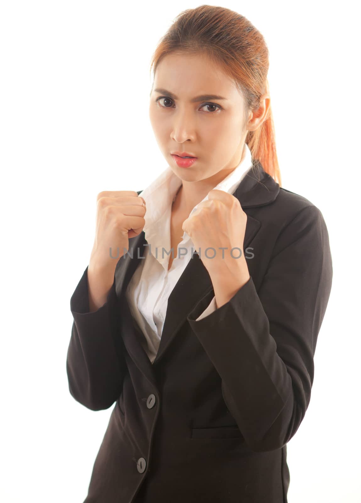 Boxing business asian woman punching towards camera isolated on white background