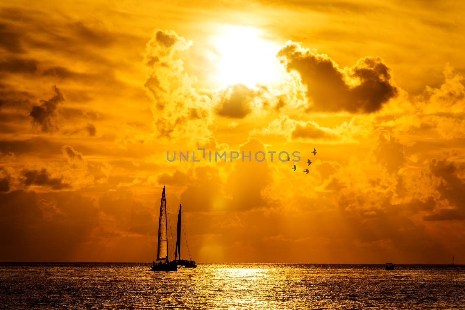 Sailboat and disherman in the sea at sunset, Key west bay, Floride, USA 