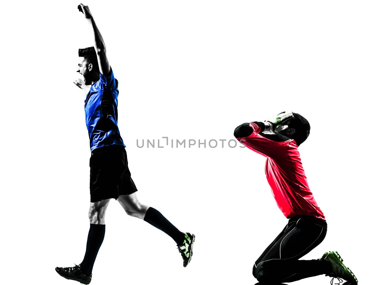 two caucasian soccer player goalkeeper men competition in silhouette isolated white background