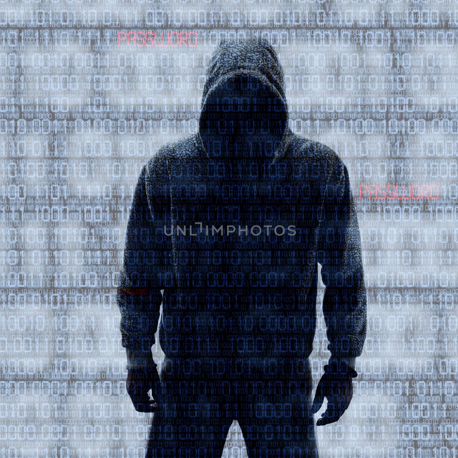 Binary codes with hacked password on black background