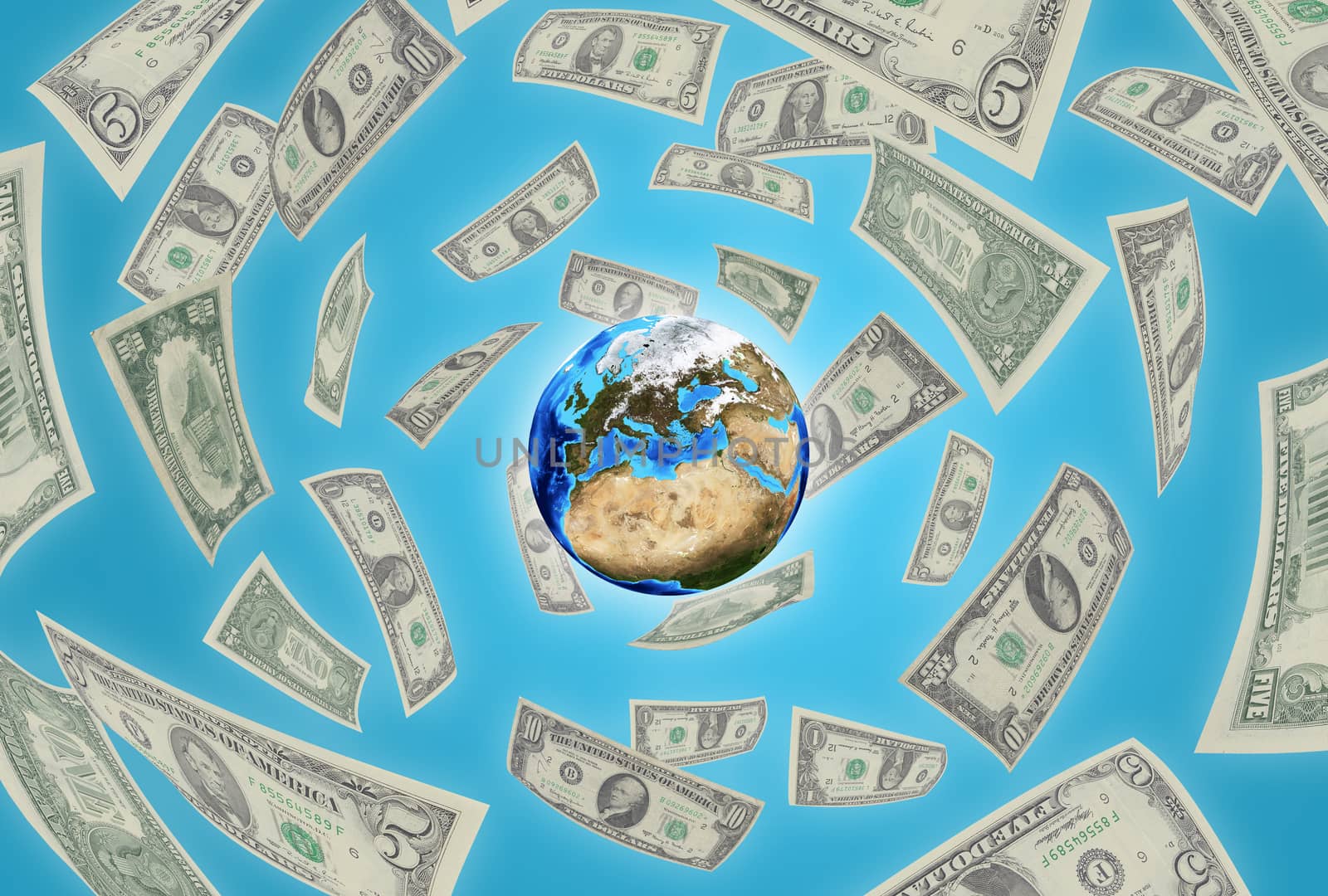 Planet earth on a blue background. Money falling around