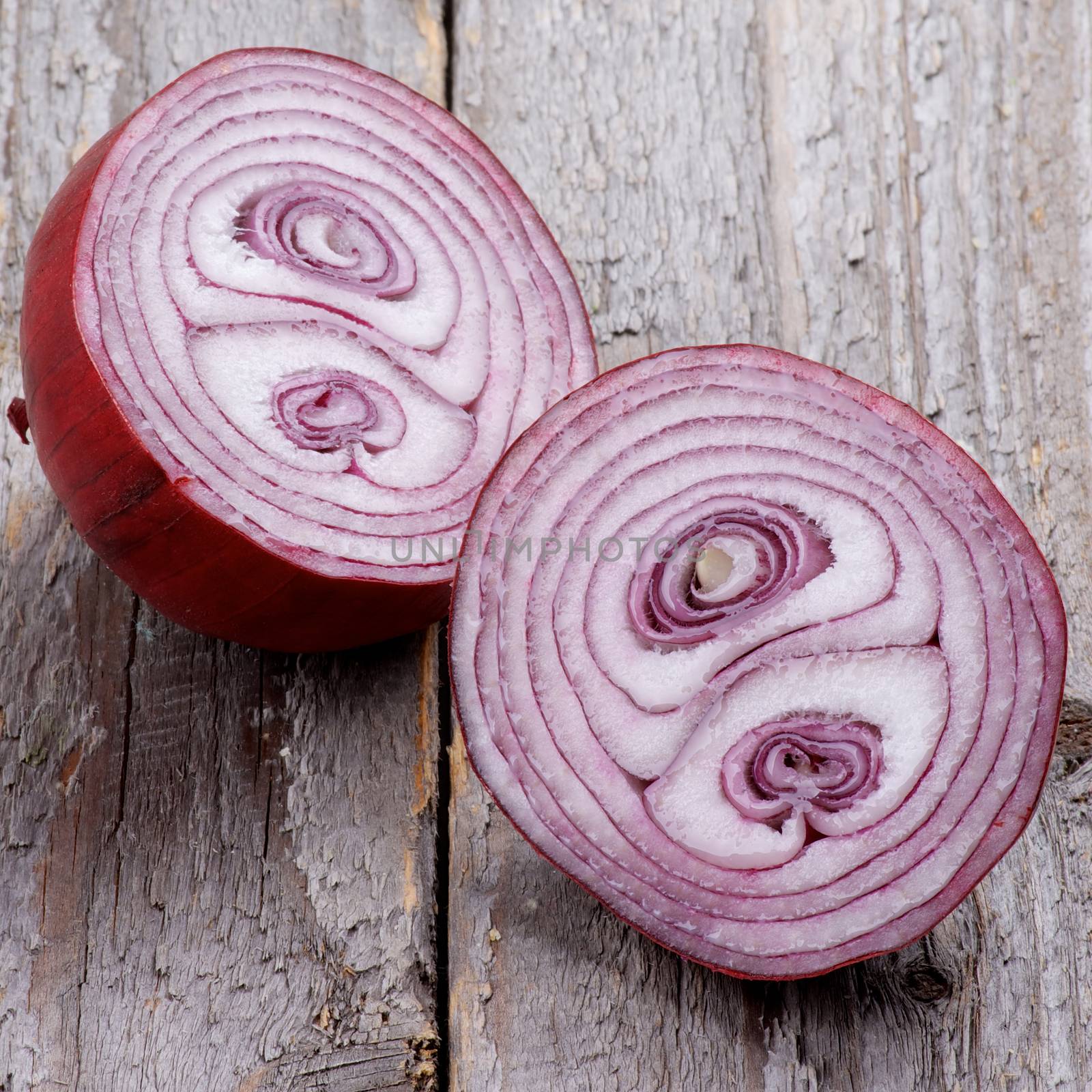 Halves of Fresh Raw Red Spanish Onion isolated on Rustic Wooden background