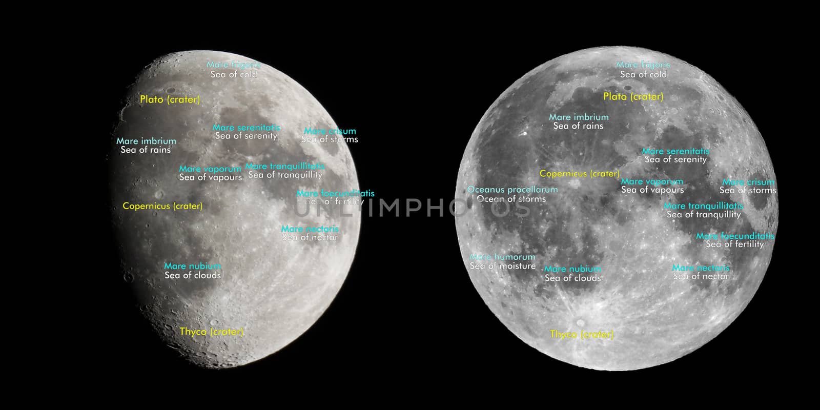 Moon atlas with seas and craters labels - Latin and English names