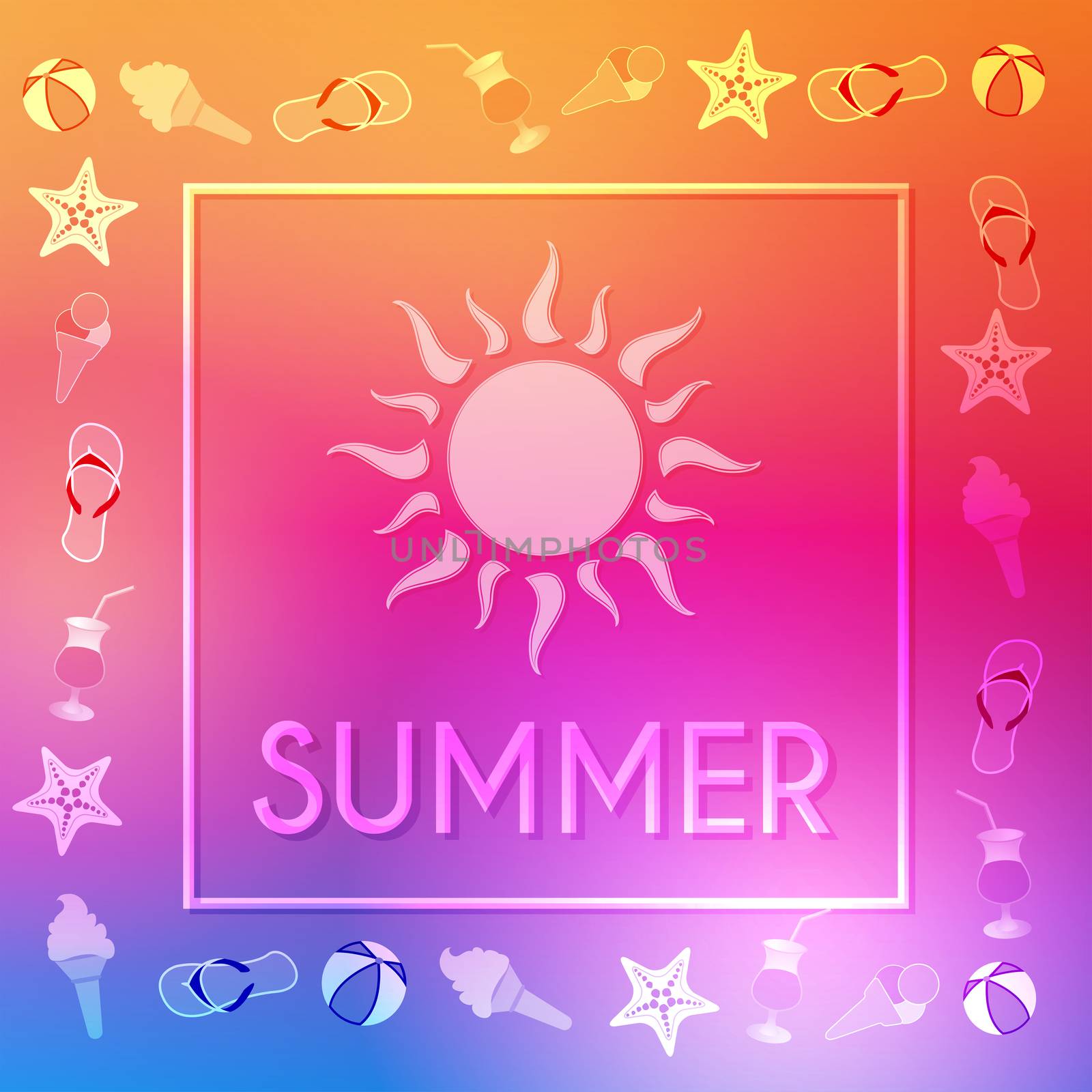text summer with sun and summery symbols in frame over orange pink violet background, flat design poster