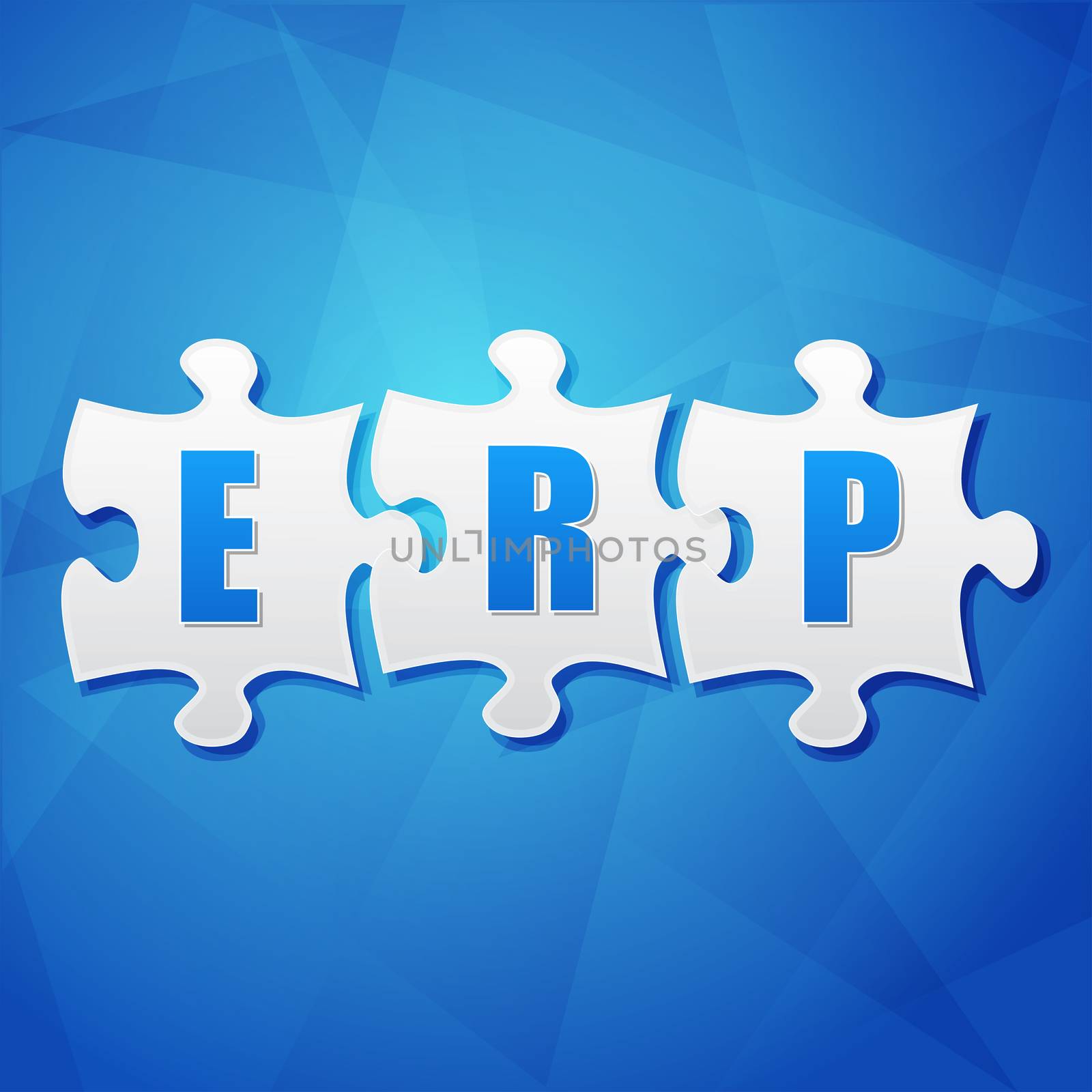 ERP in puzzle pieces over blue background, flat design by marinini