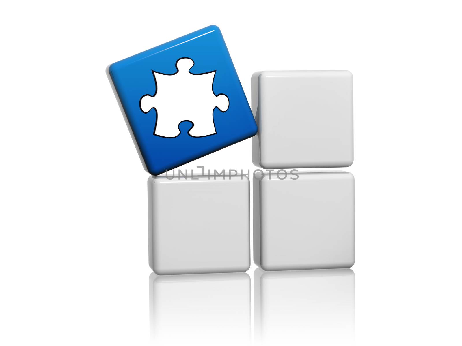 puzzle piece sign - 3d blue cube with white symbol on grey boxes, creativity concept
