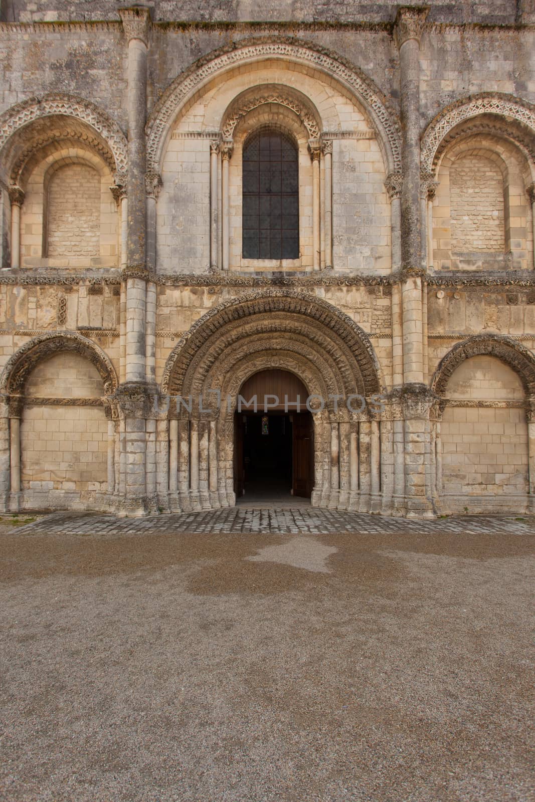 General view of beautiful romanesque facade in Saintes Framce .Abbey aux Dames