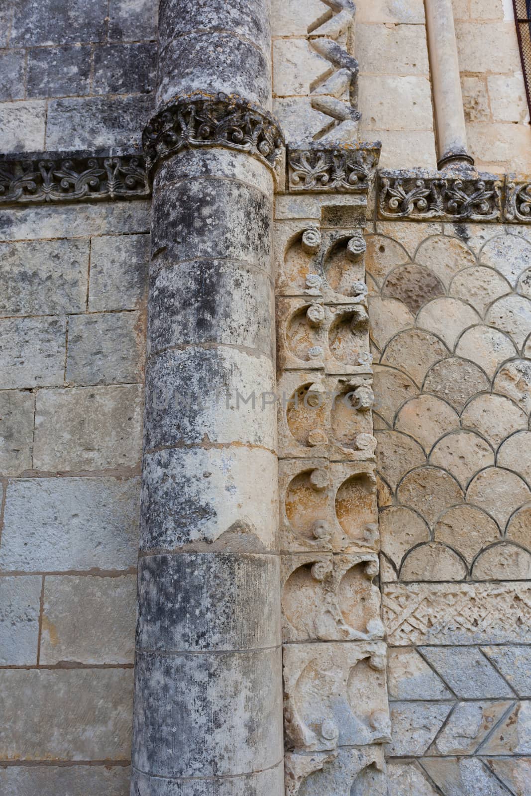 Detail of column  of the Rioux church .Region of Charente in France