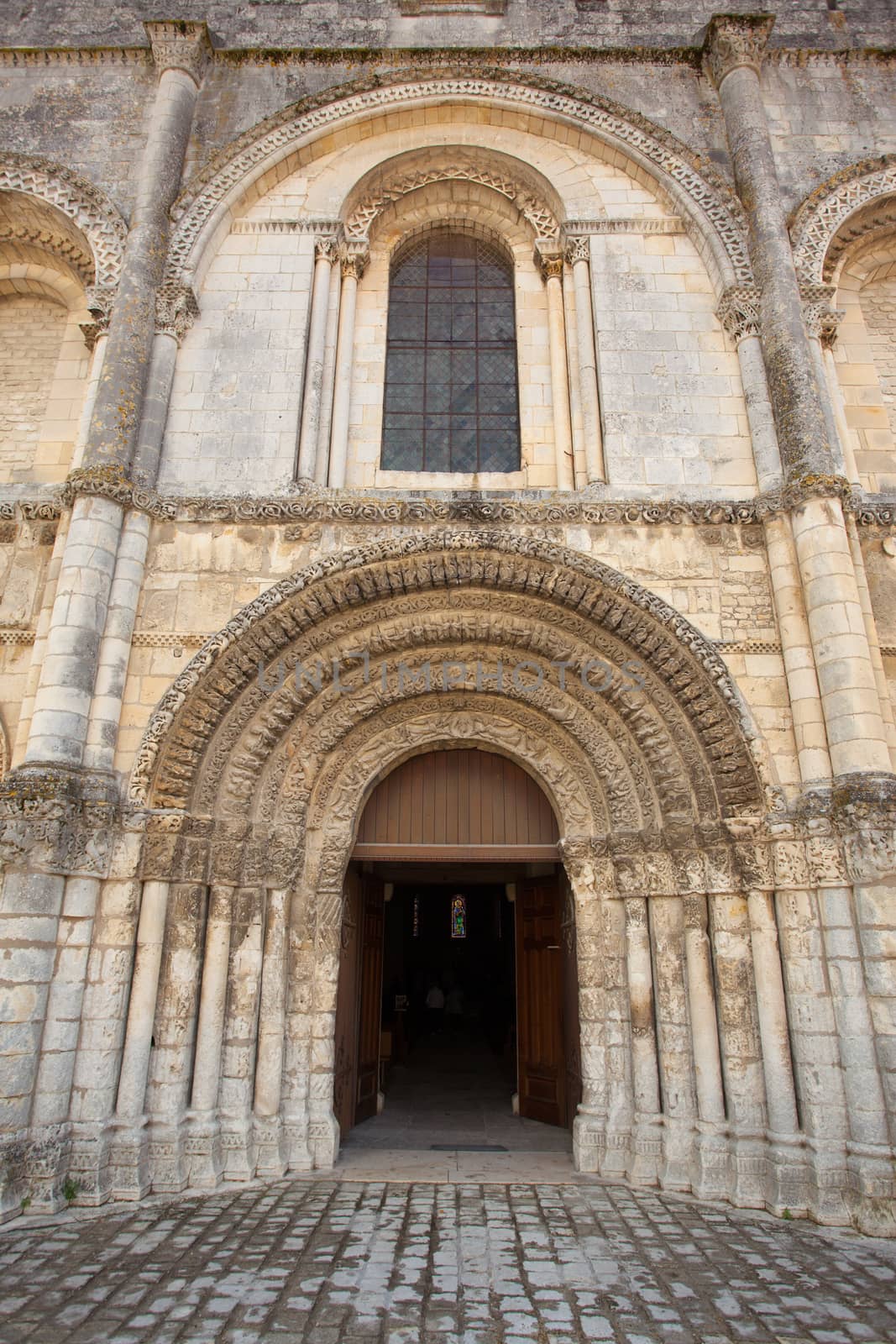 View from a fine romanesque church facade in Saintes, France, Abbey aux Dames