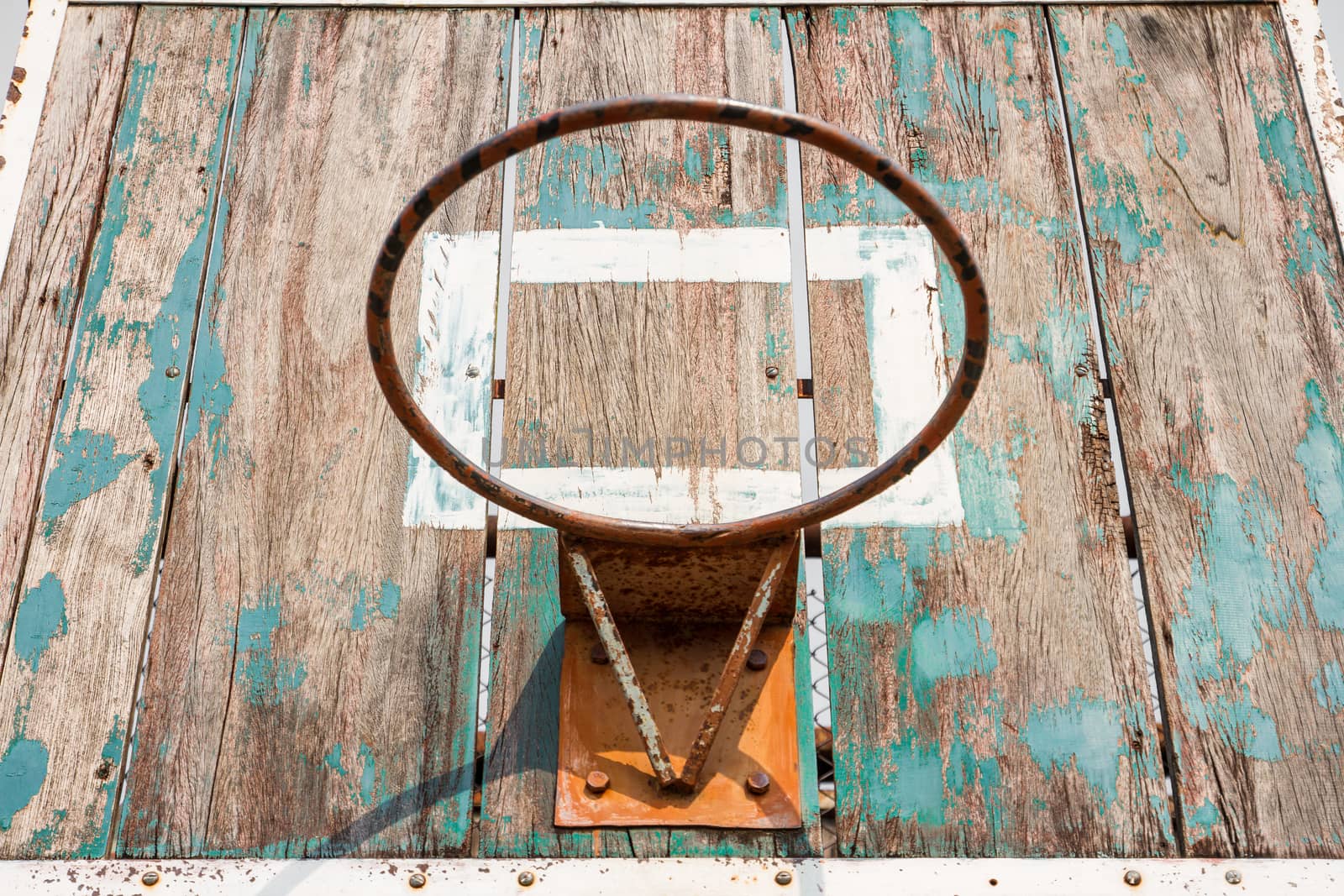 Closeup low angle view of old basketball board without net on hoop