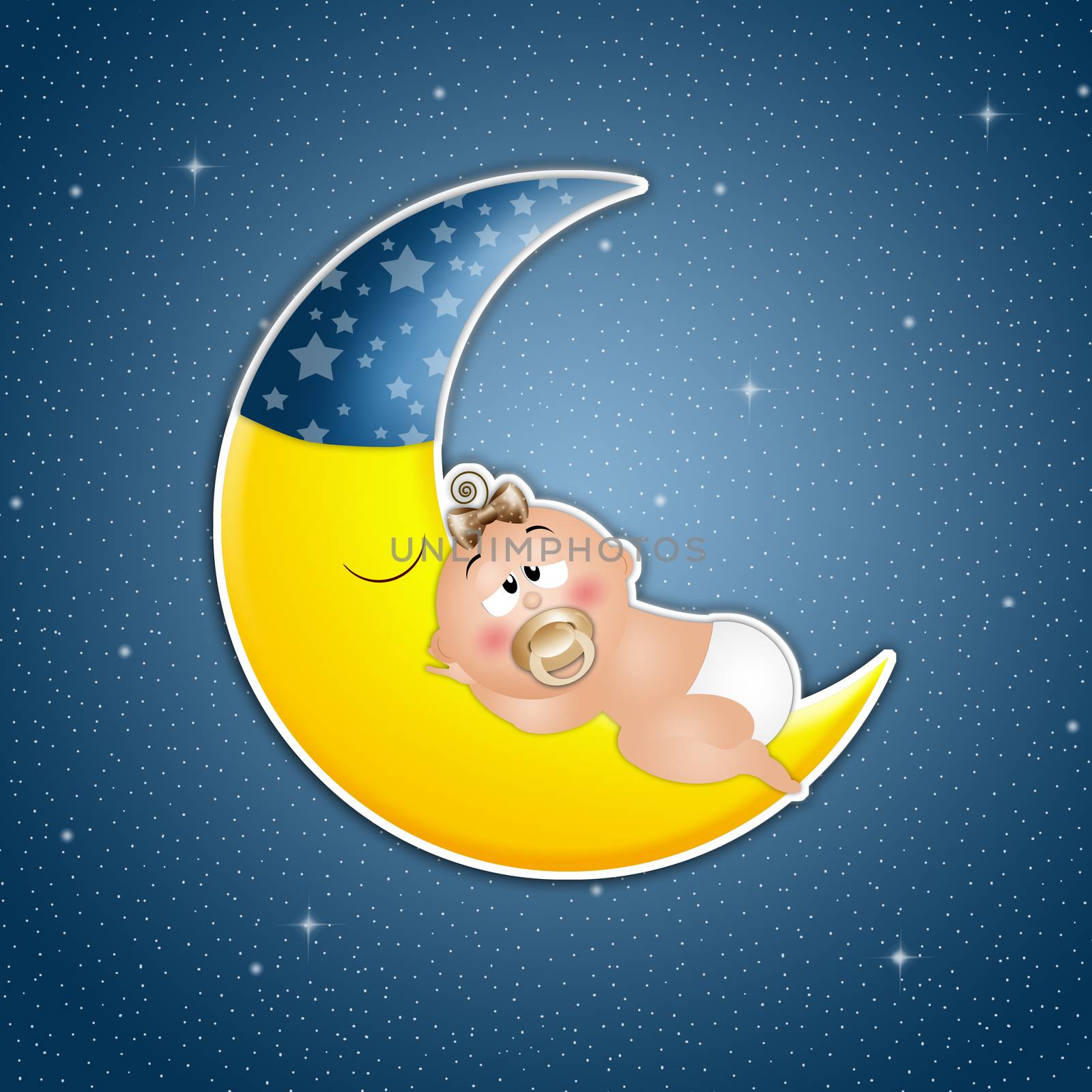 Baby asleep on the moon in the night by sognolucido