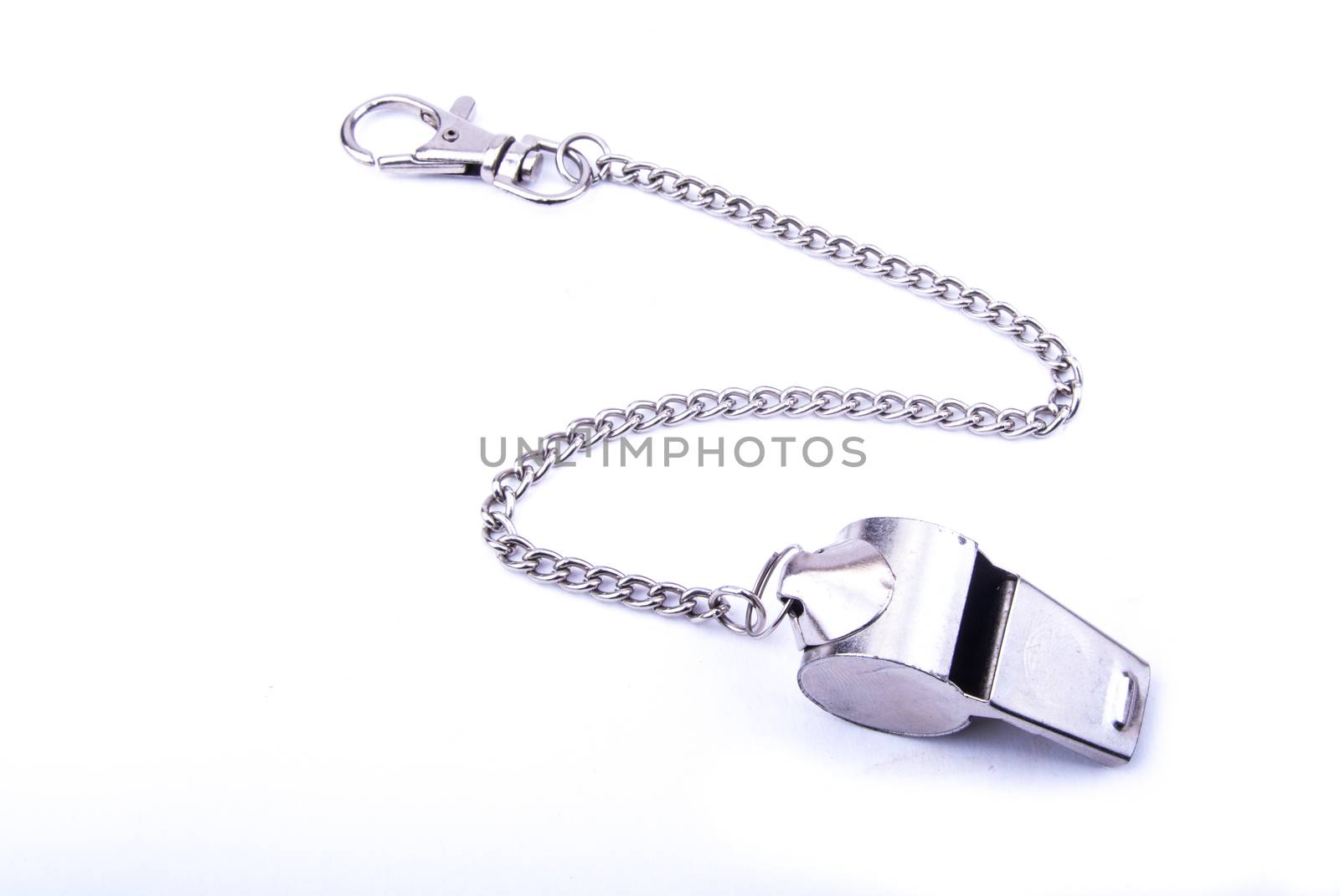 the beautiful world cup whistle with stainless steal ornamental chain
on the white background