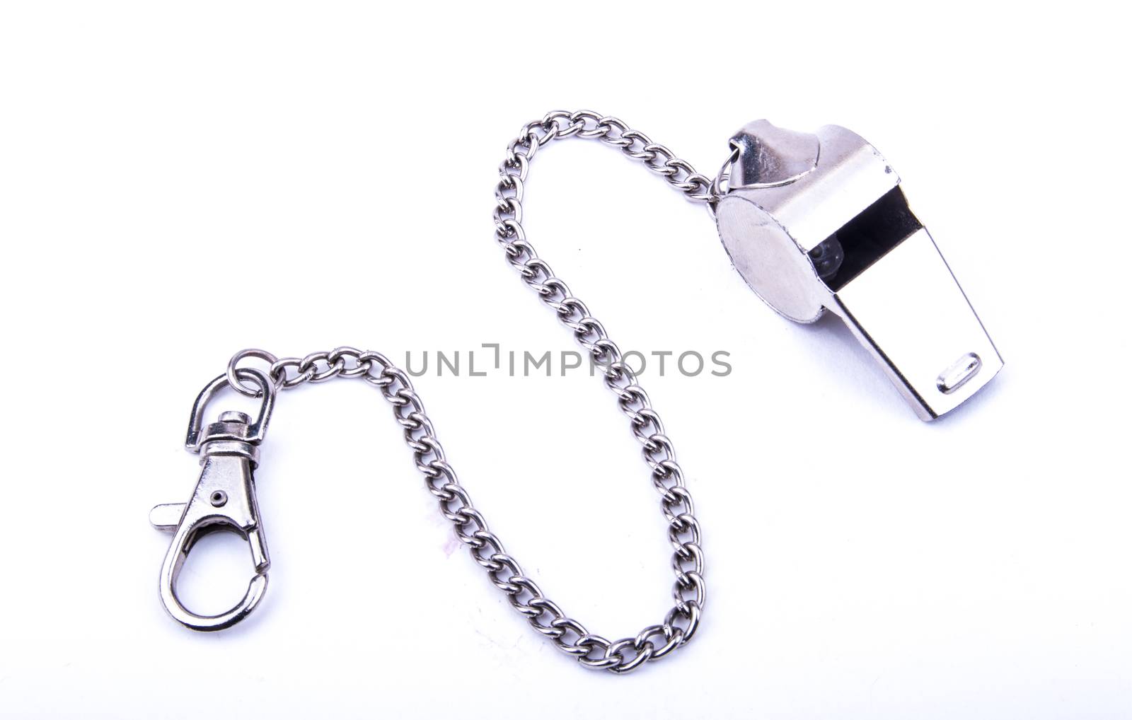 the beautiful world cup whistle with stainless steal ornamental chain
on the white background