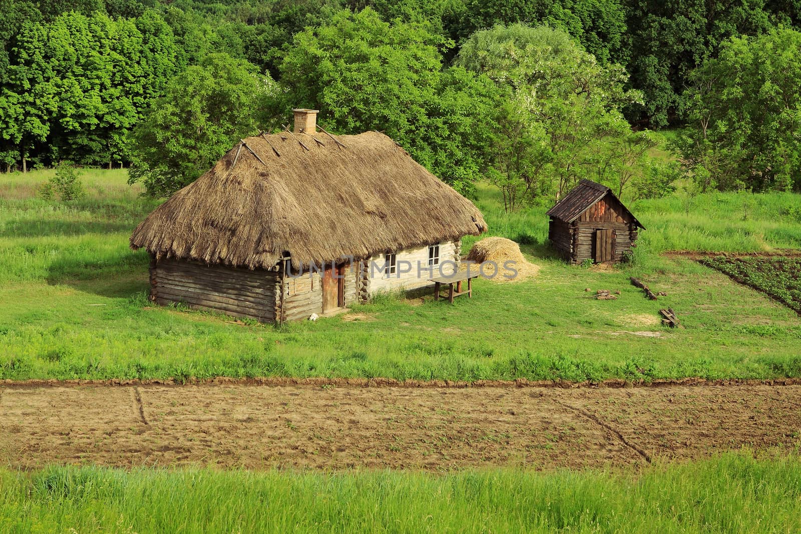 Summer landscape - old Ukrainian architecture in the Vitachev village