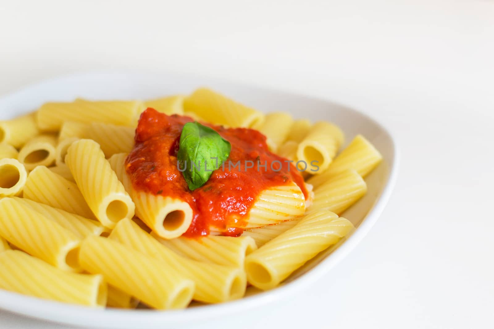 Italian macaroni with tomato sauce and leaves of basil