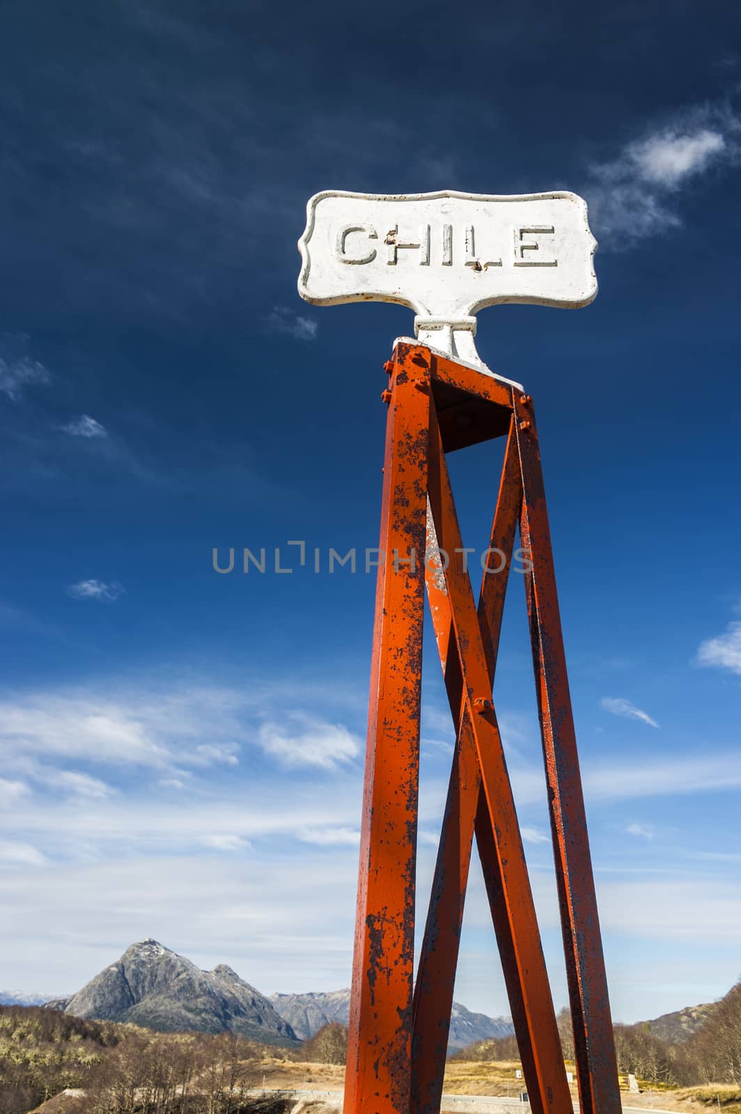 Chile Vintage border post, Road sign at the Patagonia border of Argentina and Chile in Paso Cardenal Samore