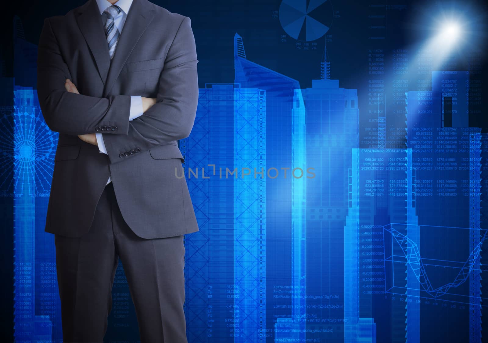 Man in suit and city of skyscrapers. Spotlight shines skyscrapers