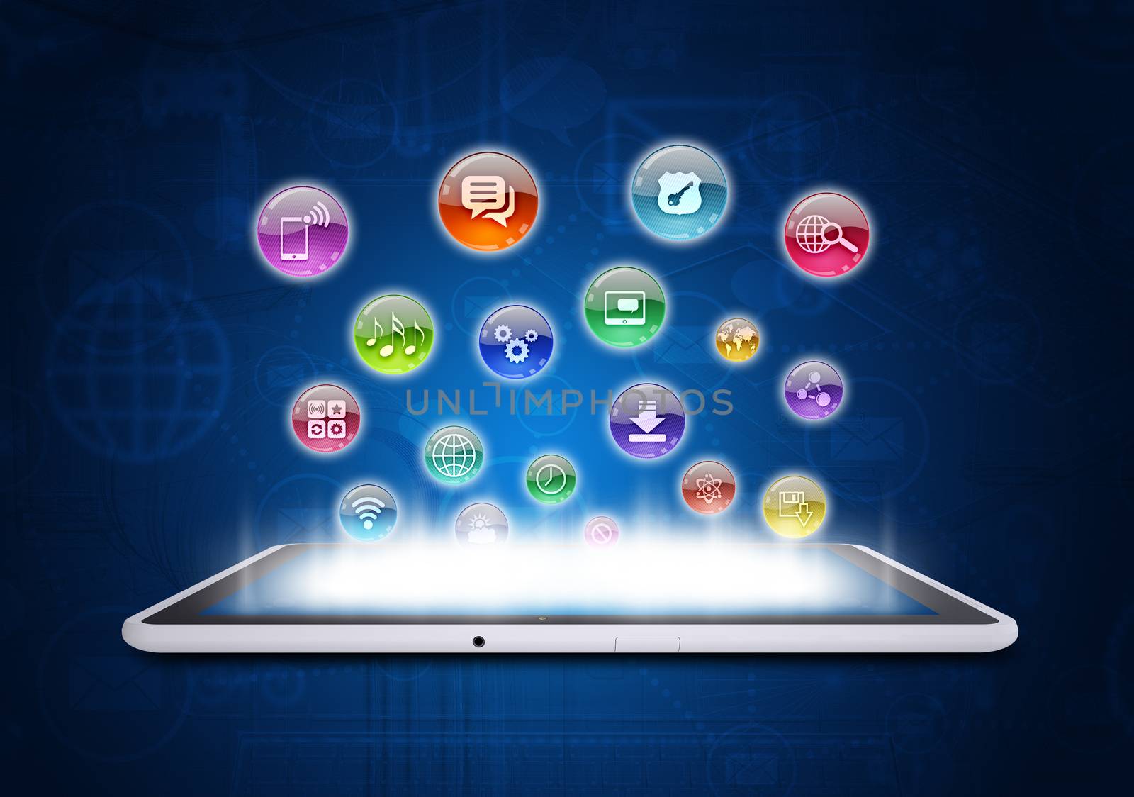 Tablet PC and application icons. The concept of software