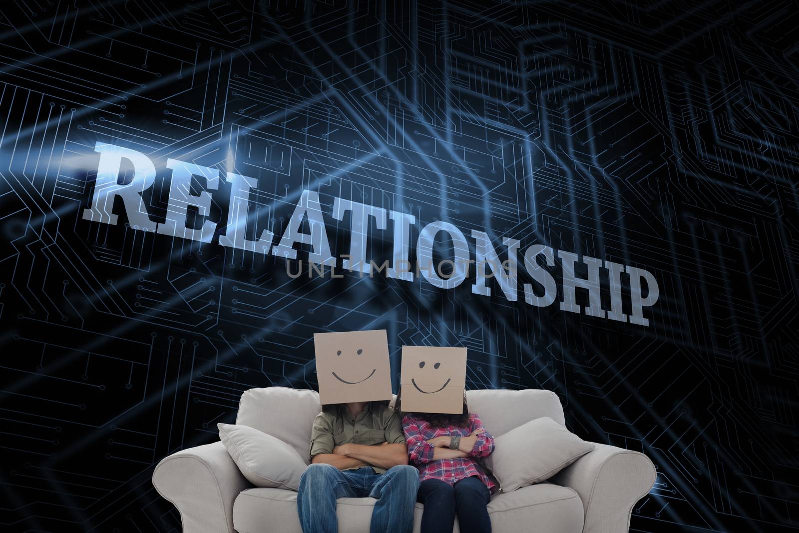 The word relationship and silly employees with arms folded wearing boxes on their heads against futuristic black and blue background