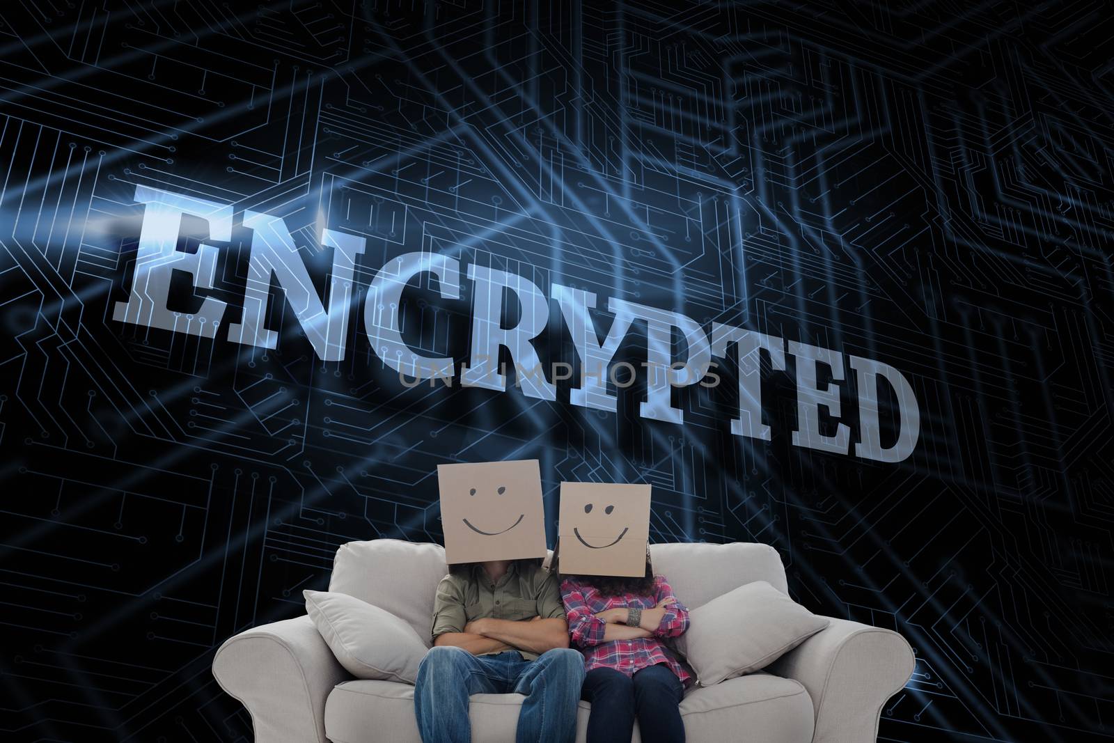 The word encrypted and silly employees with arms folded wearing boxes on their heads against futuristic black and blue background